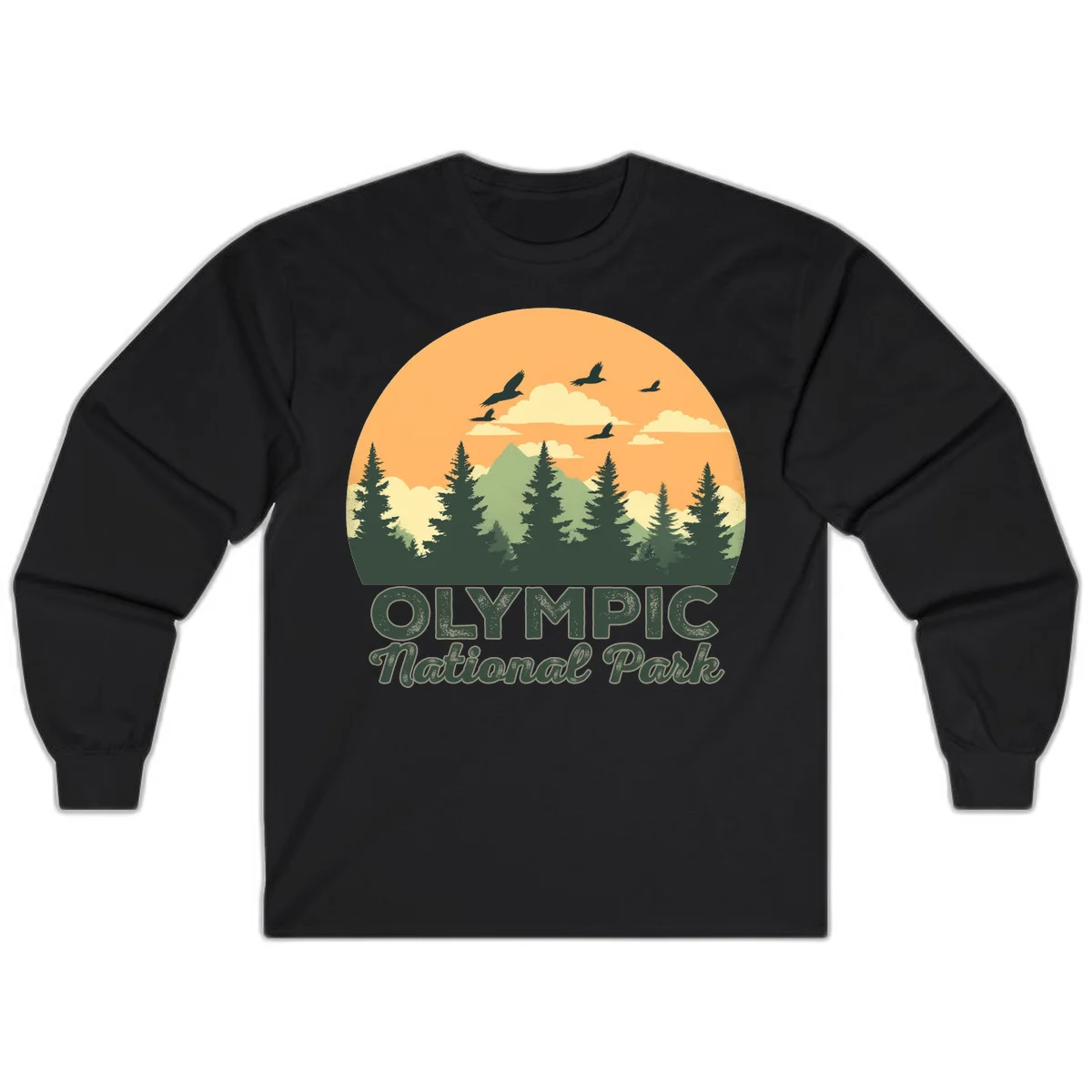 Retro vintage illustration of Olympic National Park with evergreen forest, mountain peak, and sunset sky with flying birds in Black