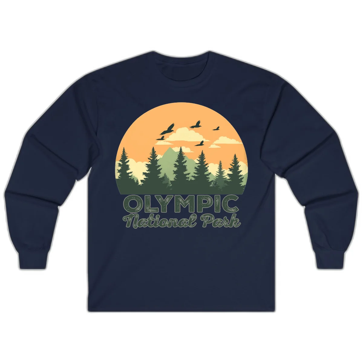 Retro vintage illustration of Olympic National Park with evergreen forest, mountain peak, and sunset sky with flying birds in Navy