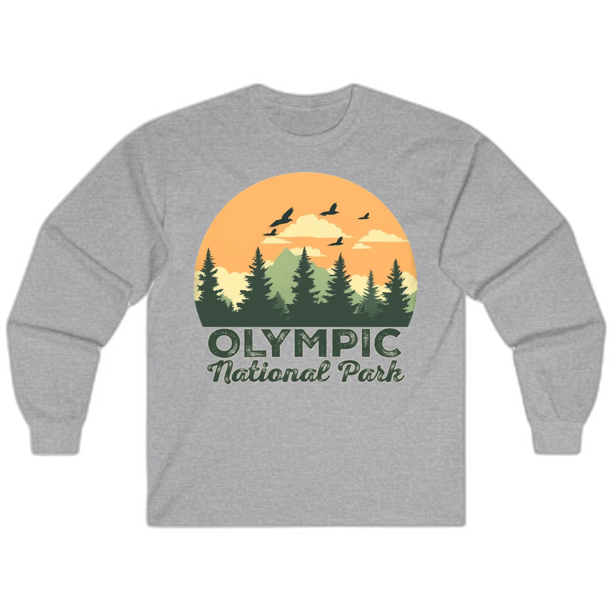 Retro vintage illustration of Olympic National Park with evergreen forest, mountain peak, and sunset sky with flying birds in Sport Grey