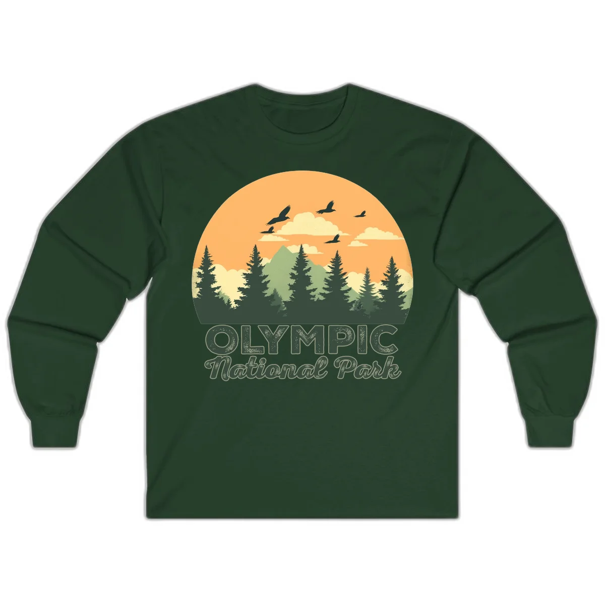 Retro vintage illustration of Olympic National Park with evergreen forest, mountain peak, and sunset sky with flying birds in Forest Green