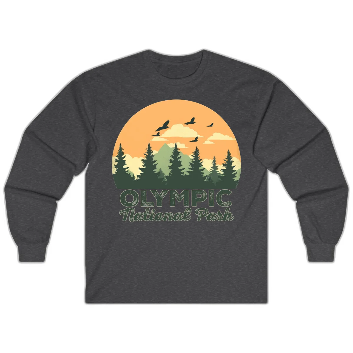 Retro vintage illustration of Olympic National Park with evergreen forest, mountain peak, and sunset sky with flying birds in Dark Heather