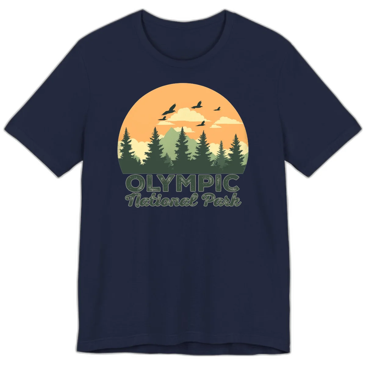 Retro vintage illustration of Olympic National Park with evergreen forest, mountain peak, and sunset sky with flying birds in Navy