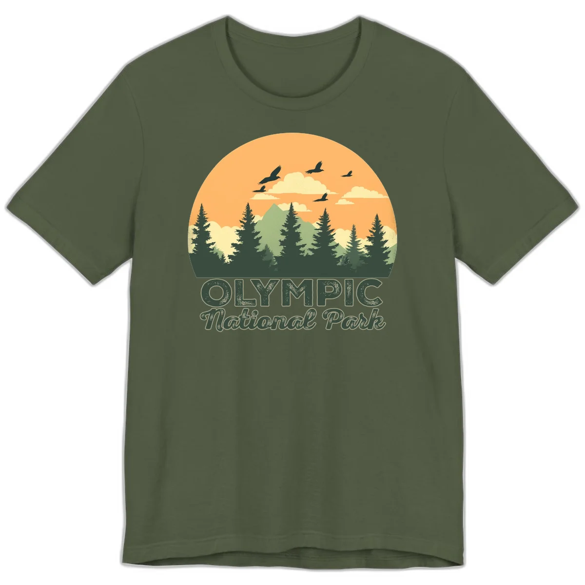 Retro vintage illustration of Olympic National Park with evergreen forest, mountain peak, and sunset sky with flying birds in Military Green