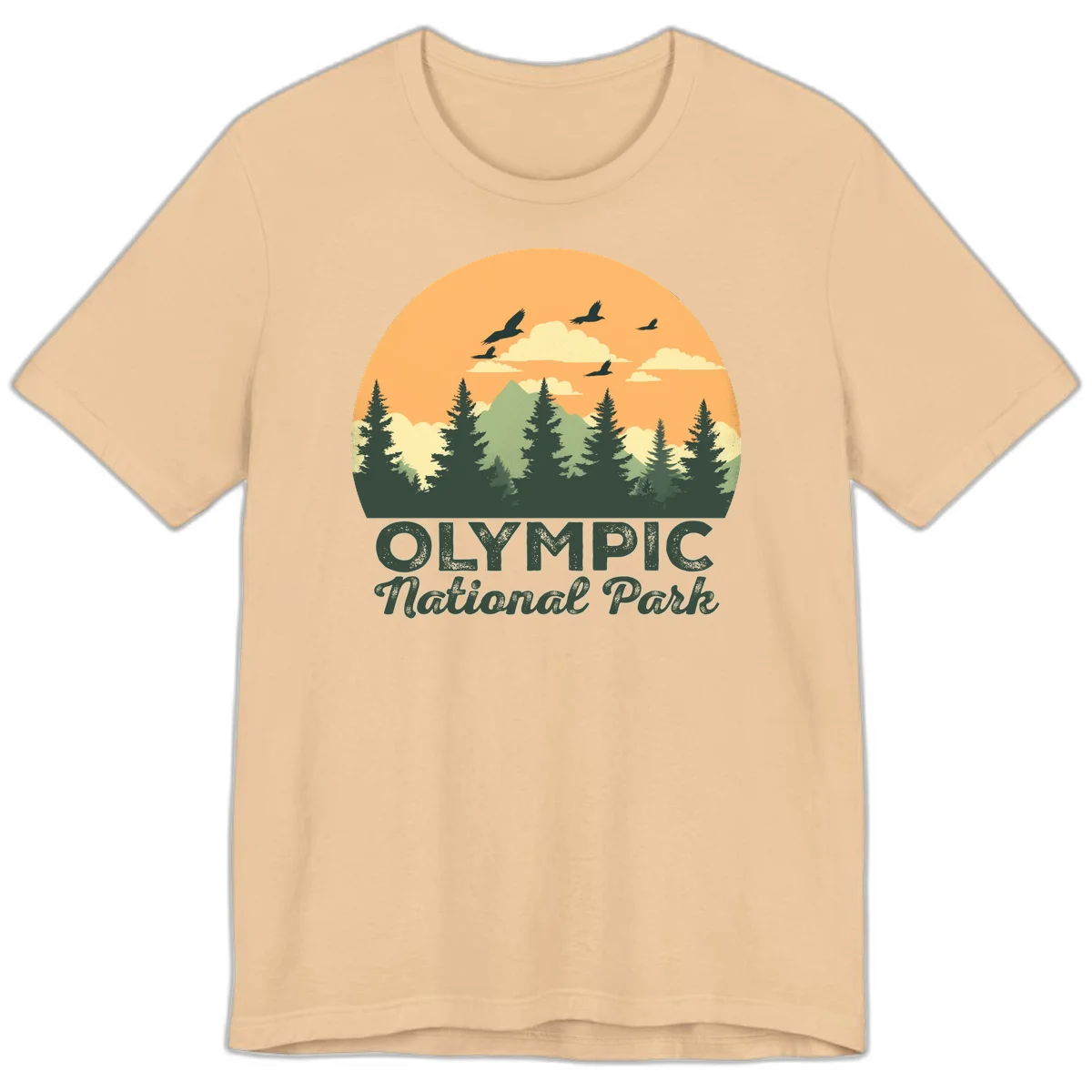 Retro vintage illustration of Olympic National Park with evergreen forest, mountain peak, and sunset sky with flying birds in Sand Dune