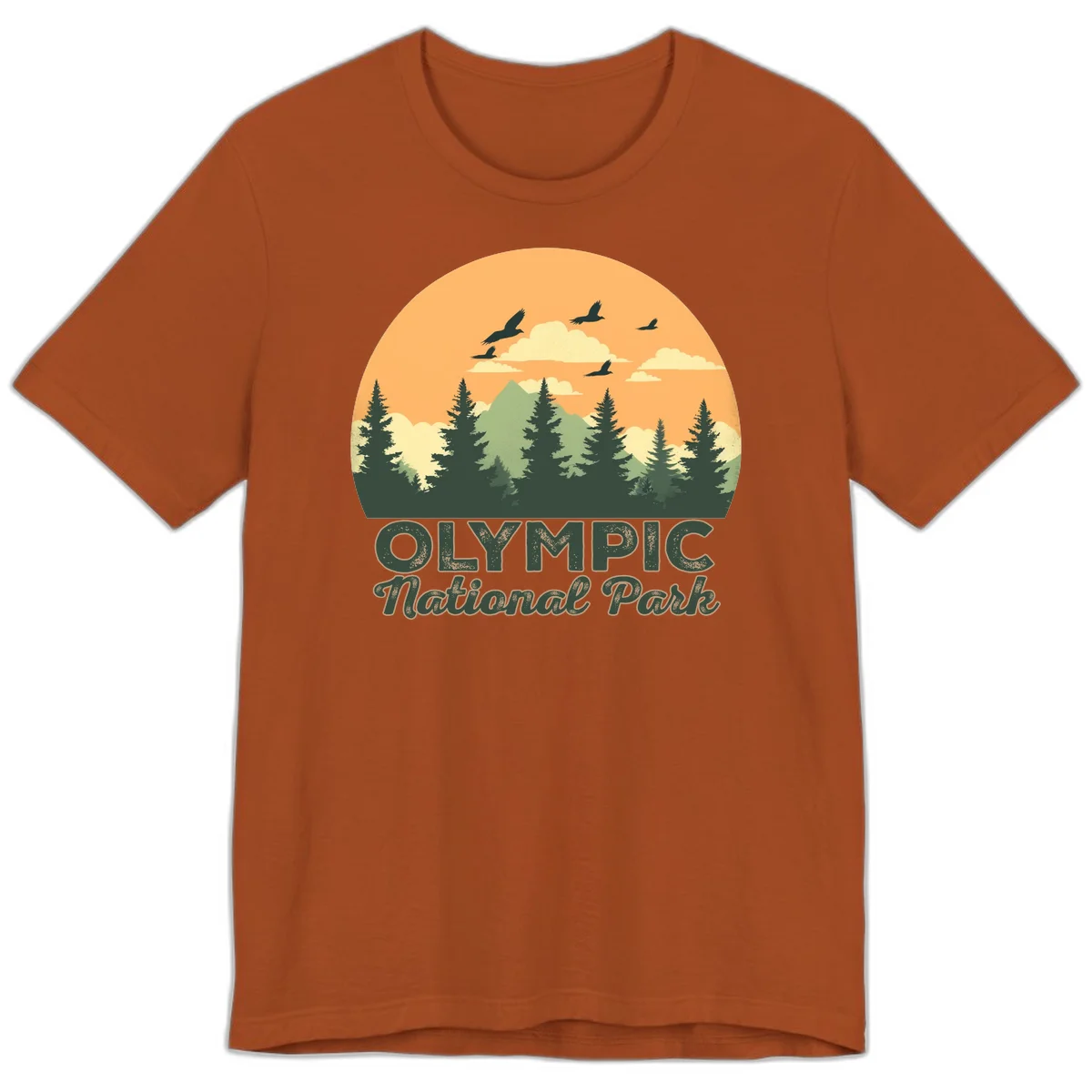 Retro vintage illustration of Olympic National Park with evergreen forest, mountain peak, and sunset sky with flying birds in Autumn