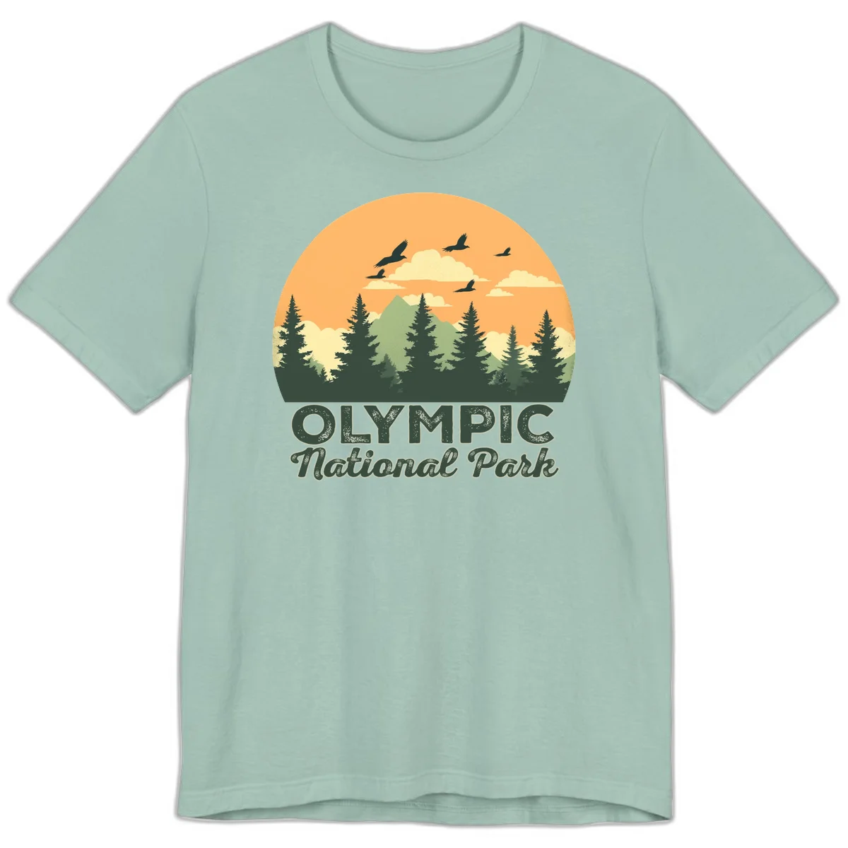 Retro vintage illustration of Olympic National Park with evergreen forest, mountain peak, and sunset sky with flying birds in Dusty Blue