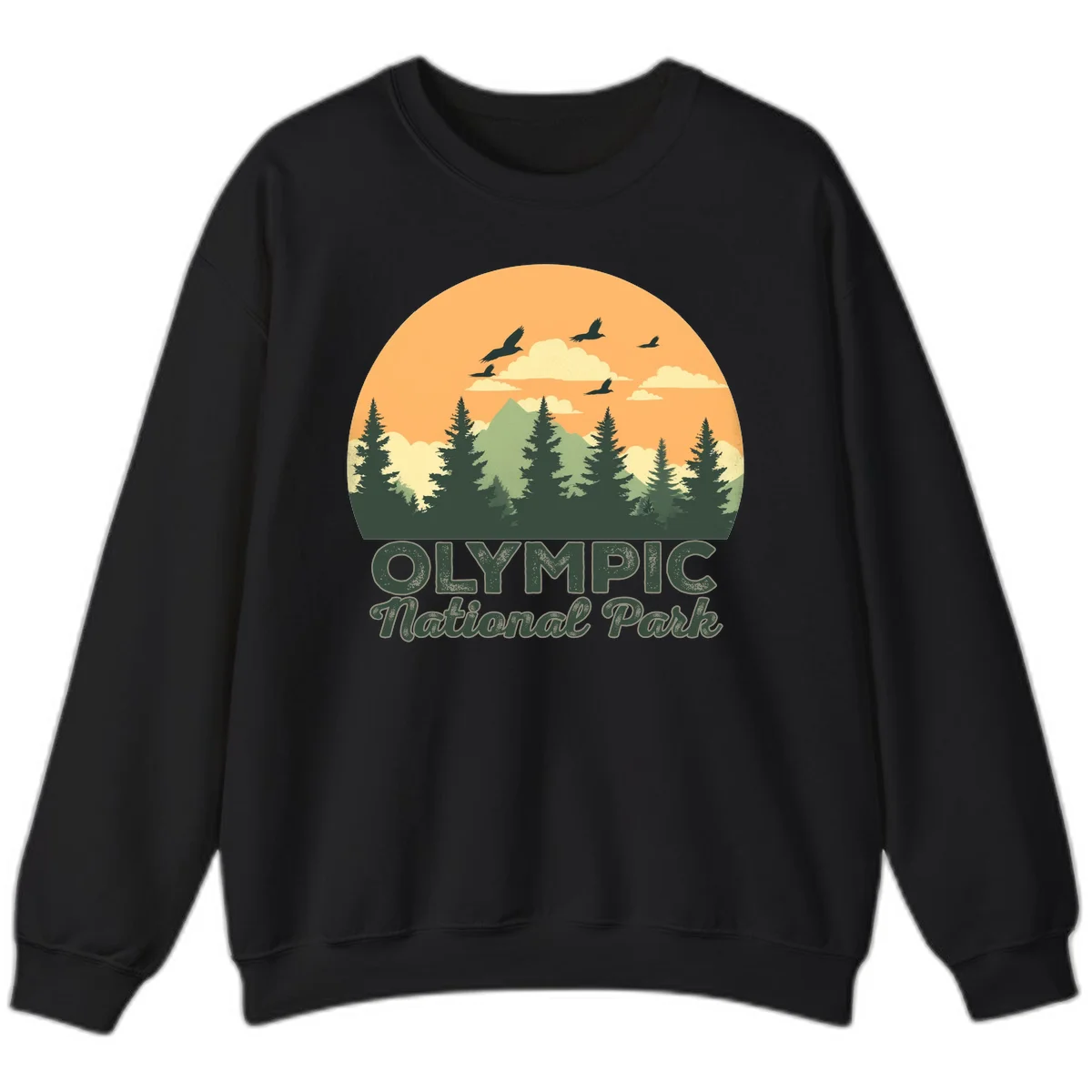 Retro vintage illustration of Olympic National Park with evergreen forest, mountain peak, and sunset sky with flying birds in Black