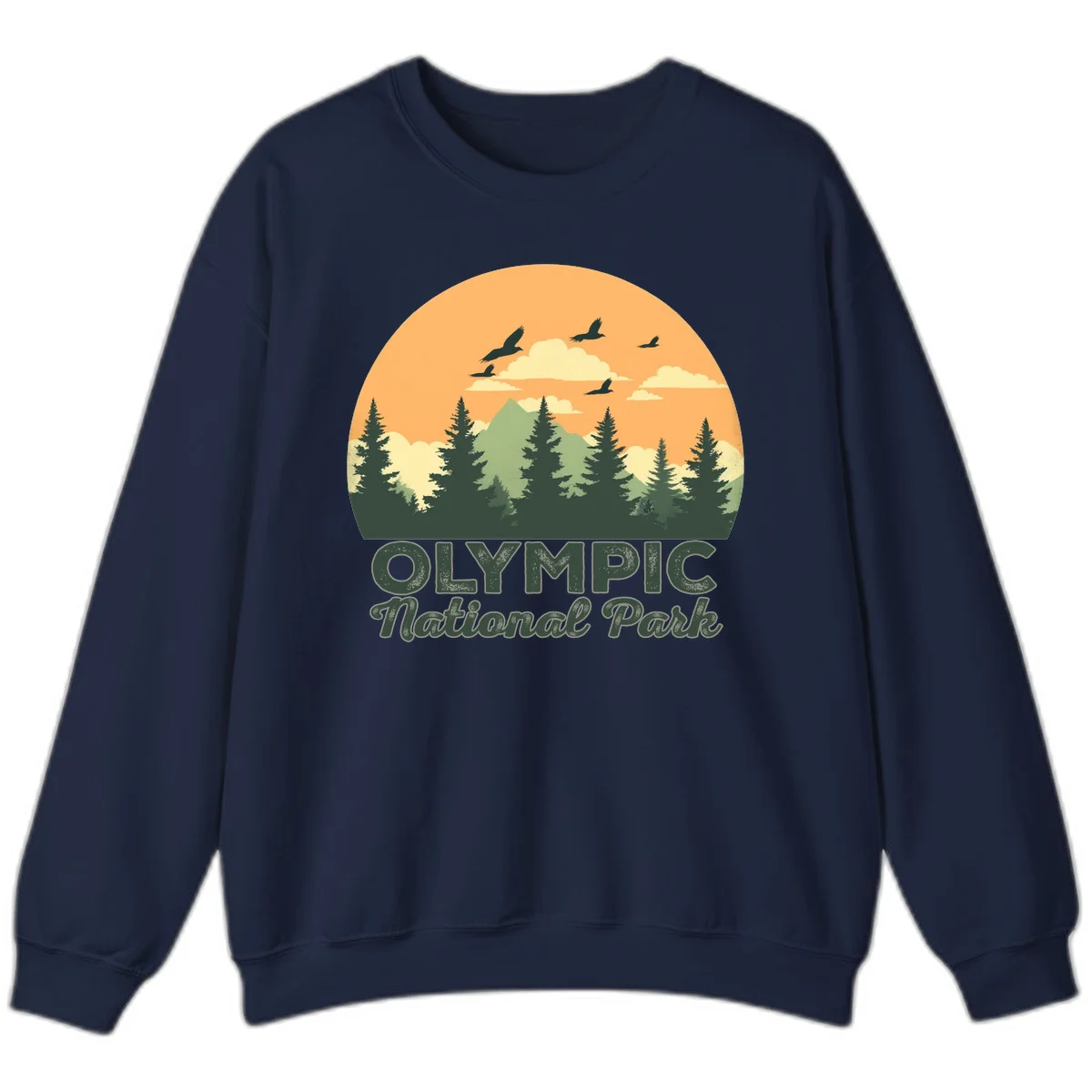 Retro vintage illustration of Olympic National Park with evergreen forest, mountain peak, and sunset sky with flying birds in Navy