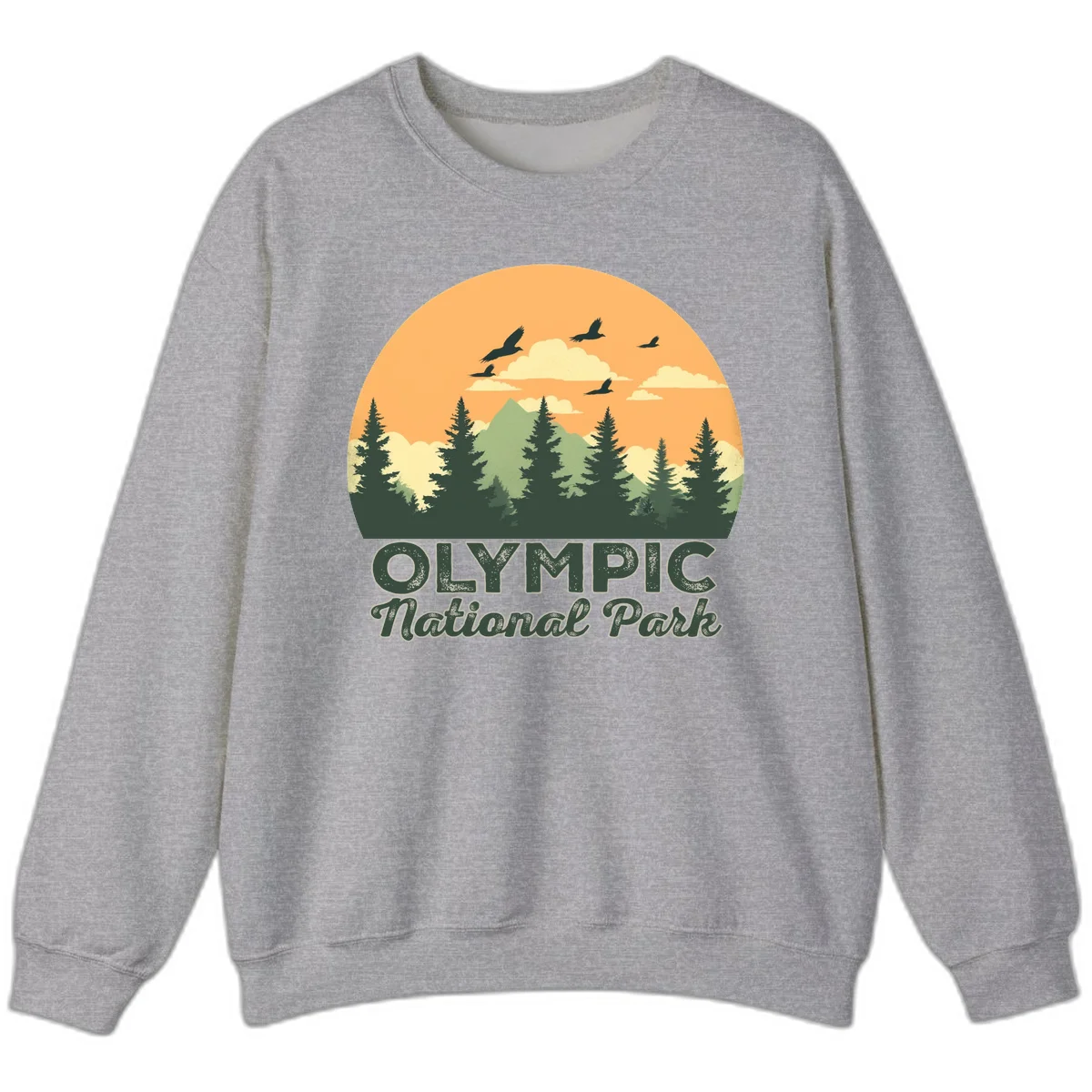 Retro vintage illustration of Olympic National Park with evergreen forest, mountain peak, and sunset sky with flying birds in Sport Grey