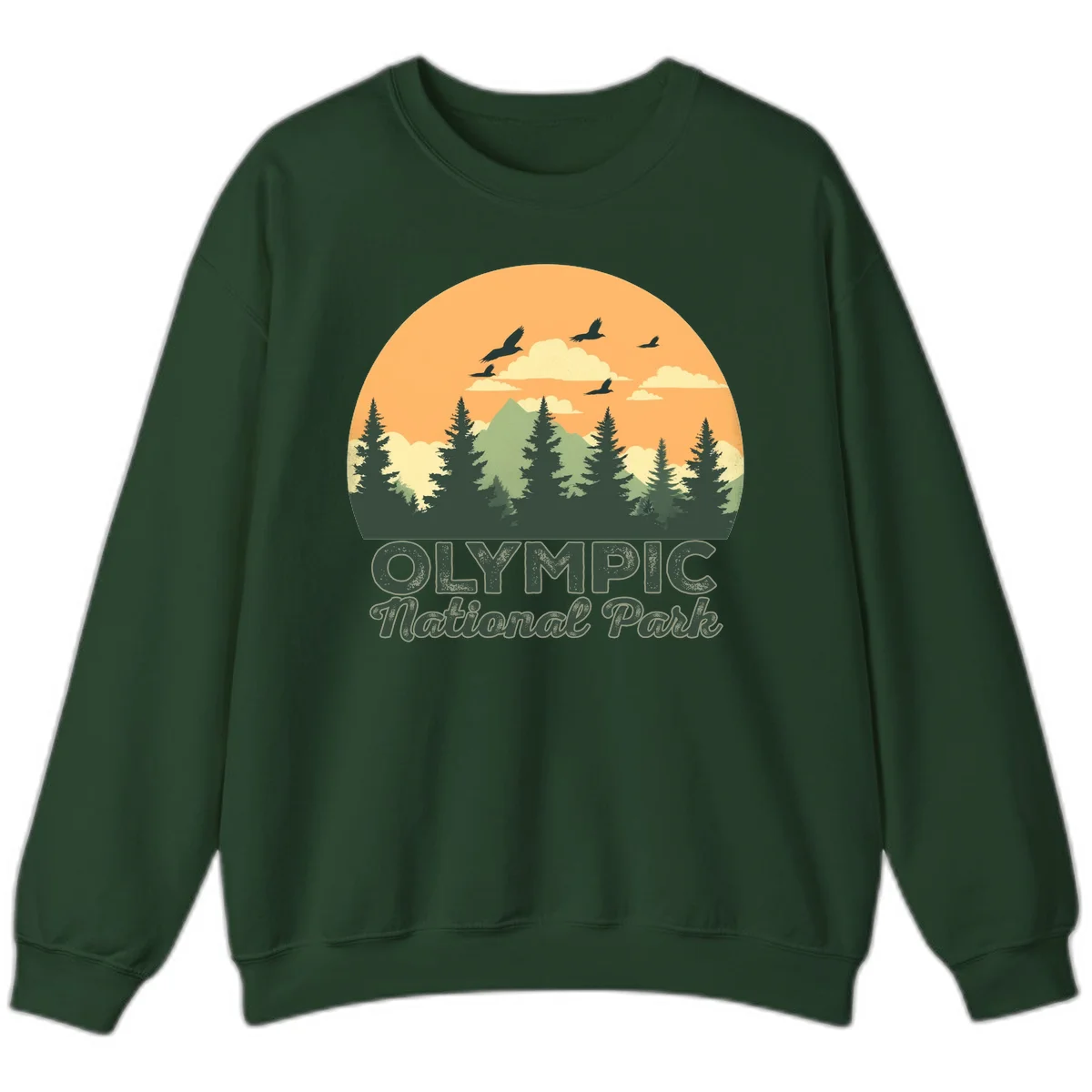 Retro vintage illustration of Olympic National Park with evergreen forest, mountain peak, and sunset sky with flying birds in Forest Green
