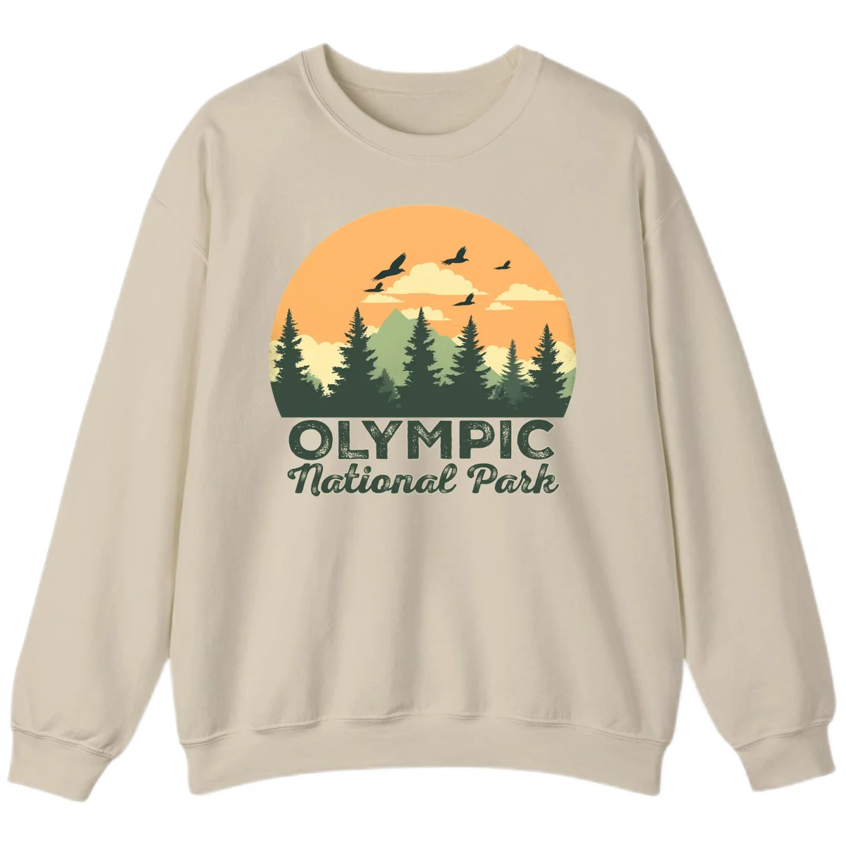 Retro vintage illustration of Olympic National Park with evergreen forest, mountain peak, and sunset sky with flying birds in Sand