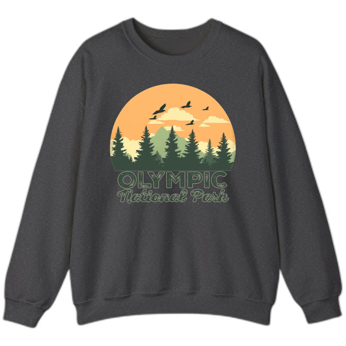 Retro vintage illustration of Olympic National Park with evergreen forest, mountain peak, and sunset sky with flying birds in Dark Heather
