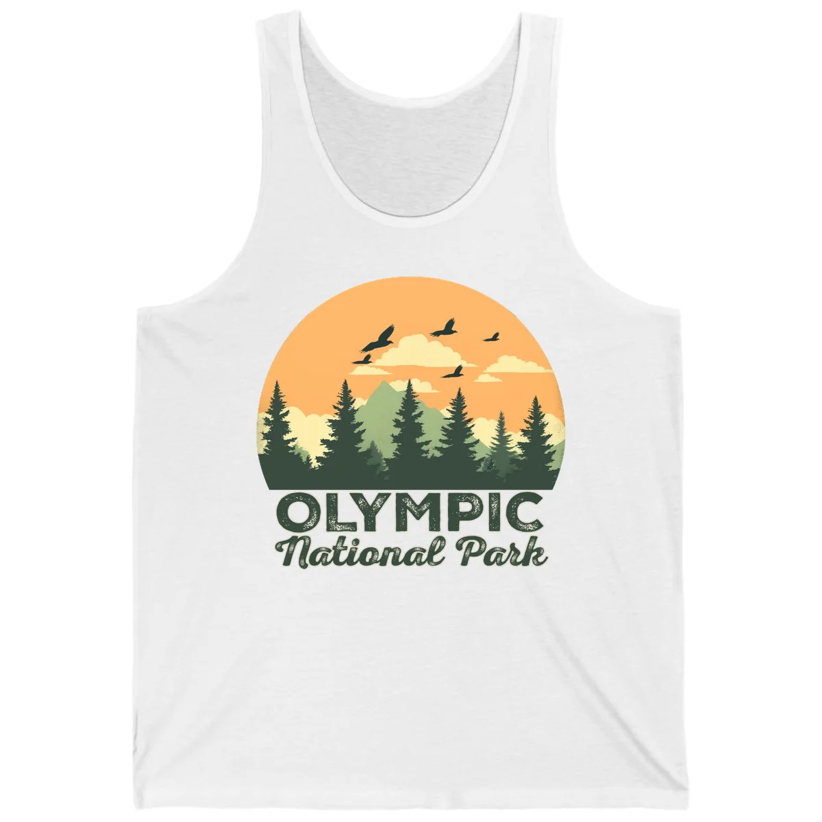 Retro vintage illustration of Olympic National Park with evergreen forest, mountain peak, and sunset sky with flying birds in White
