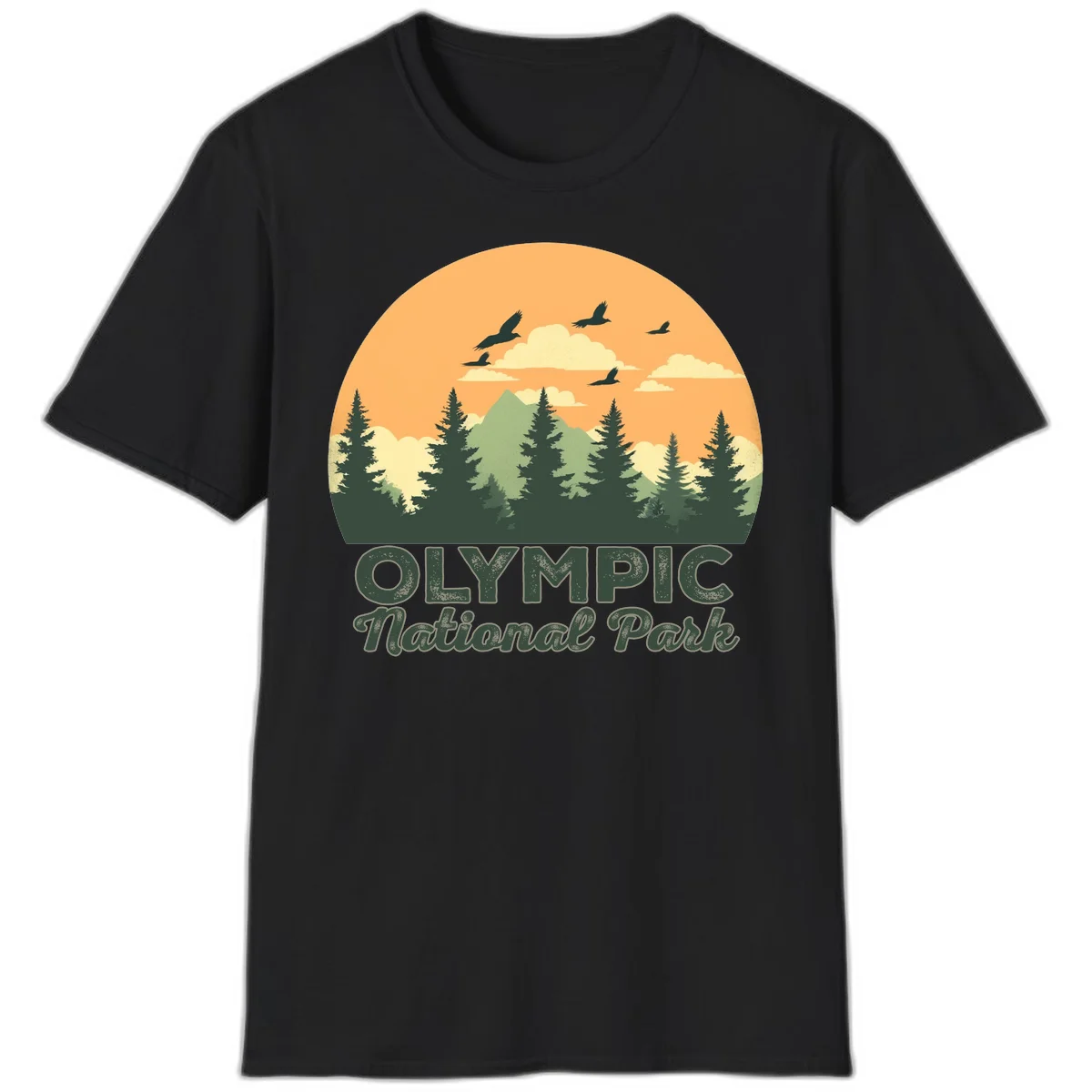 Retro vintage illustration of Olympic National Park with evergreen forest, mountain peak, and sunset sky with flying birds in Black