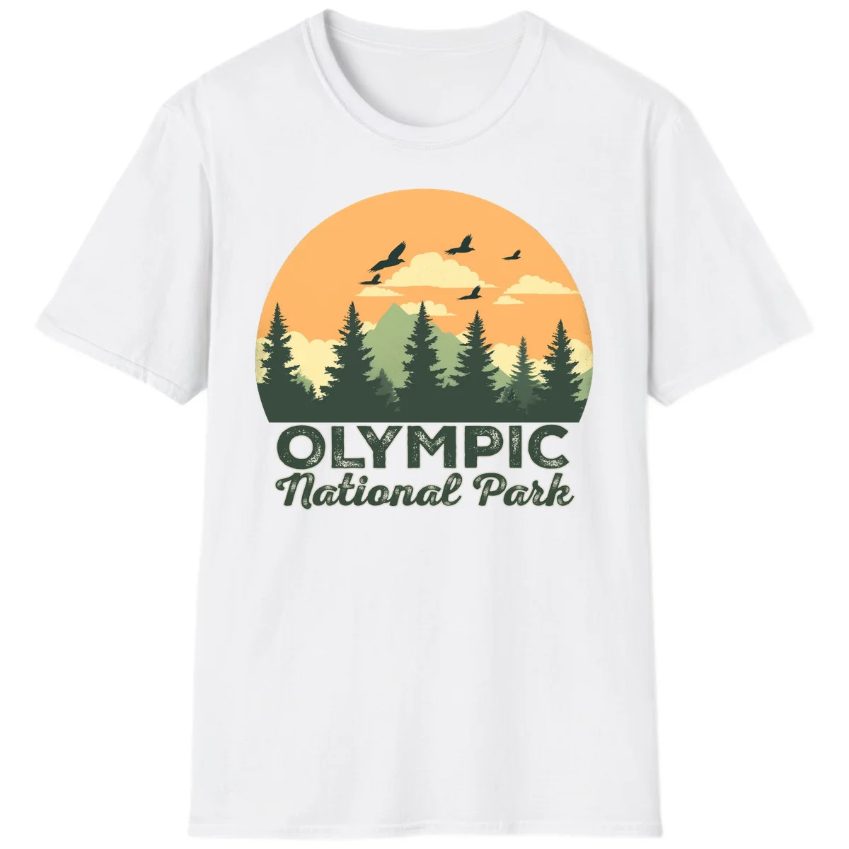 Retro vintage illustration of Olympic National Park with evergreen forest, mountain peak, and sunset sky with flying birds in White