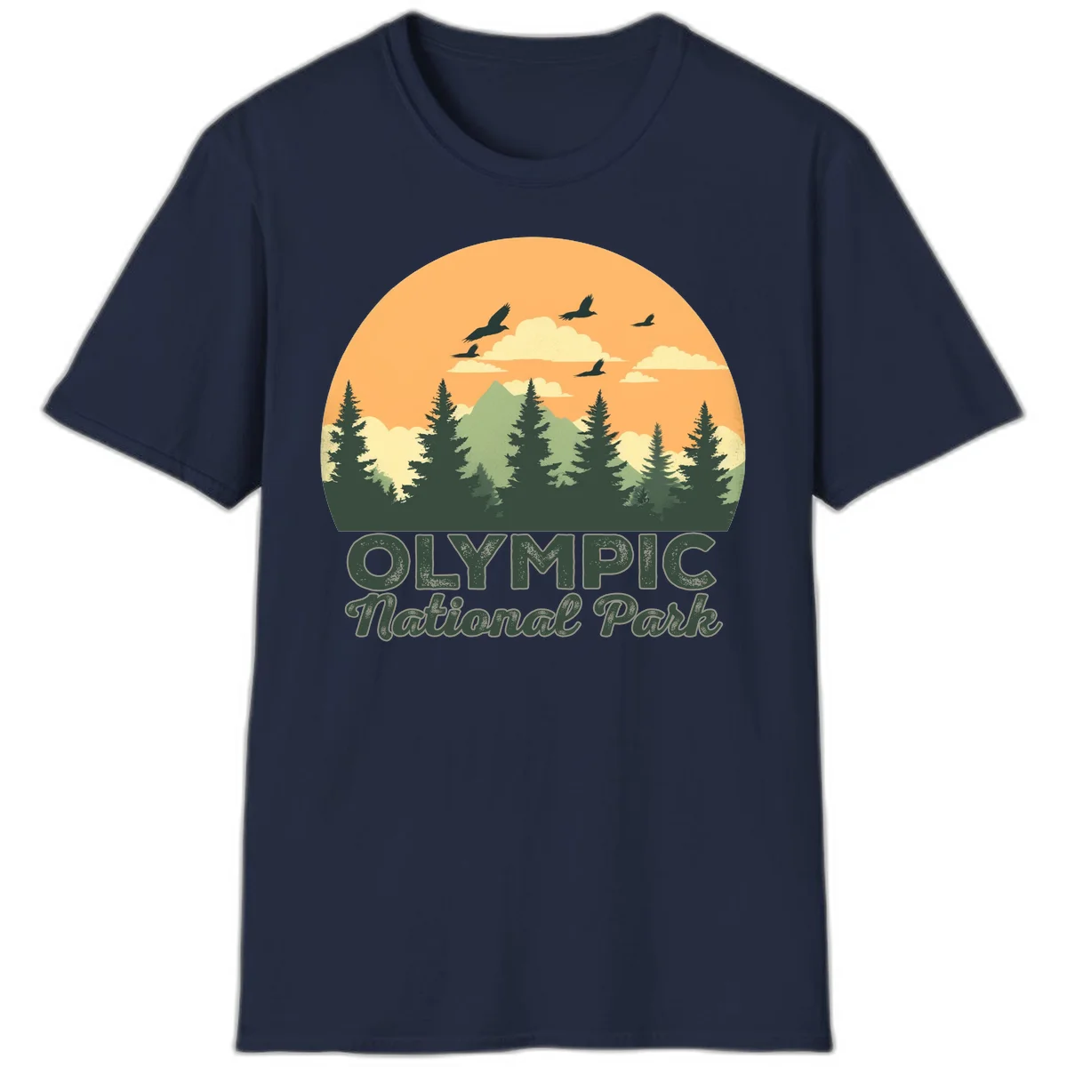 Retro vintage illustration of Olympic National Park with evergreen forest, mountain peak, and sunset sky with flying birds in Navy