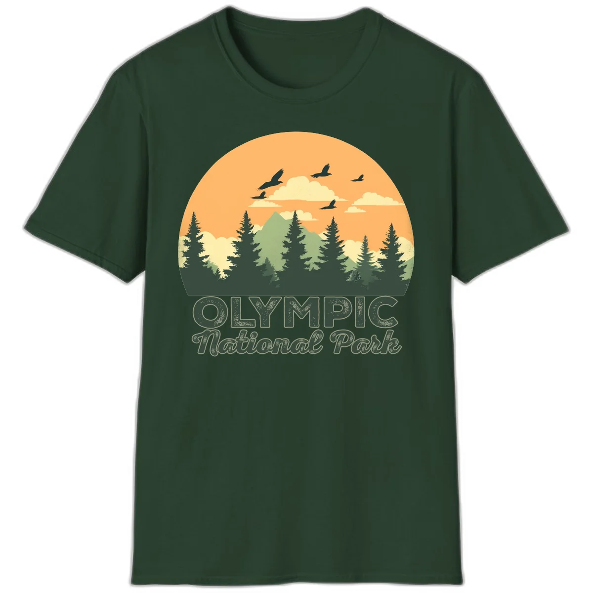 Retro vintage illustration of Olympic National Park with evergreen forest, mountain peak, and sunset sky with flying birds in Forest Green