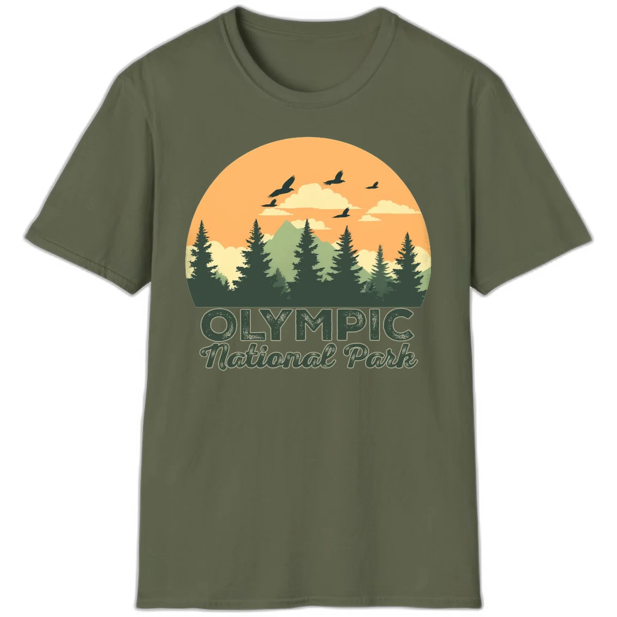Retro vintage illustration of Olympic National Park with evergreen forest, mountain peak, and sunset sky with flying birds in Military Green