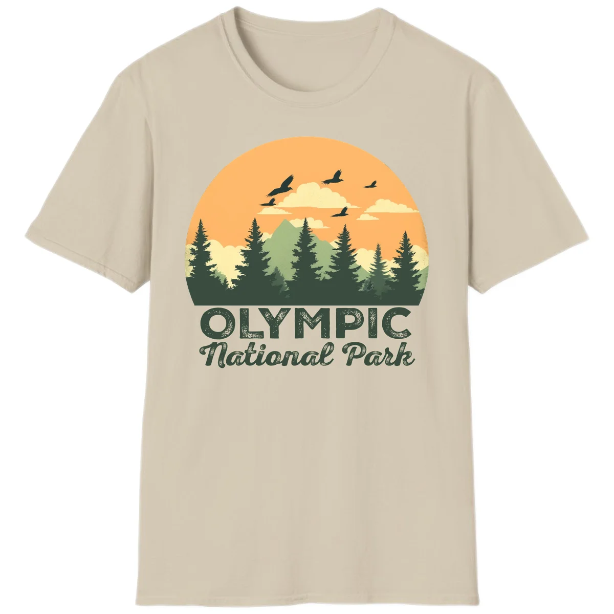 Retro vintage illustration of Olympic National Park with evergreen forest, mountain peak, and sunset sky with flying birds in Sand