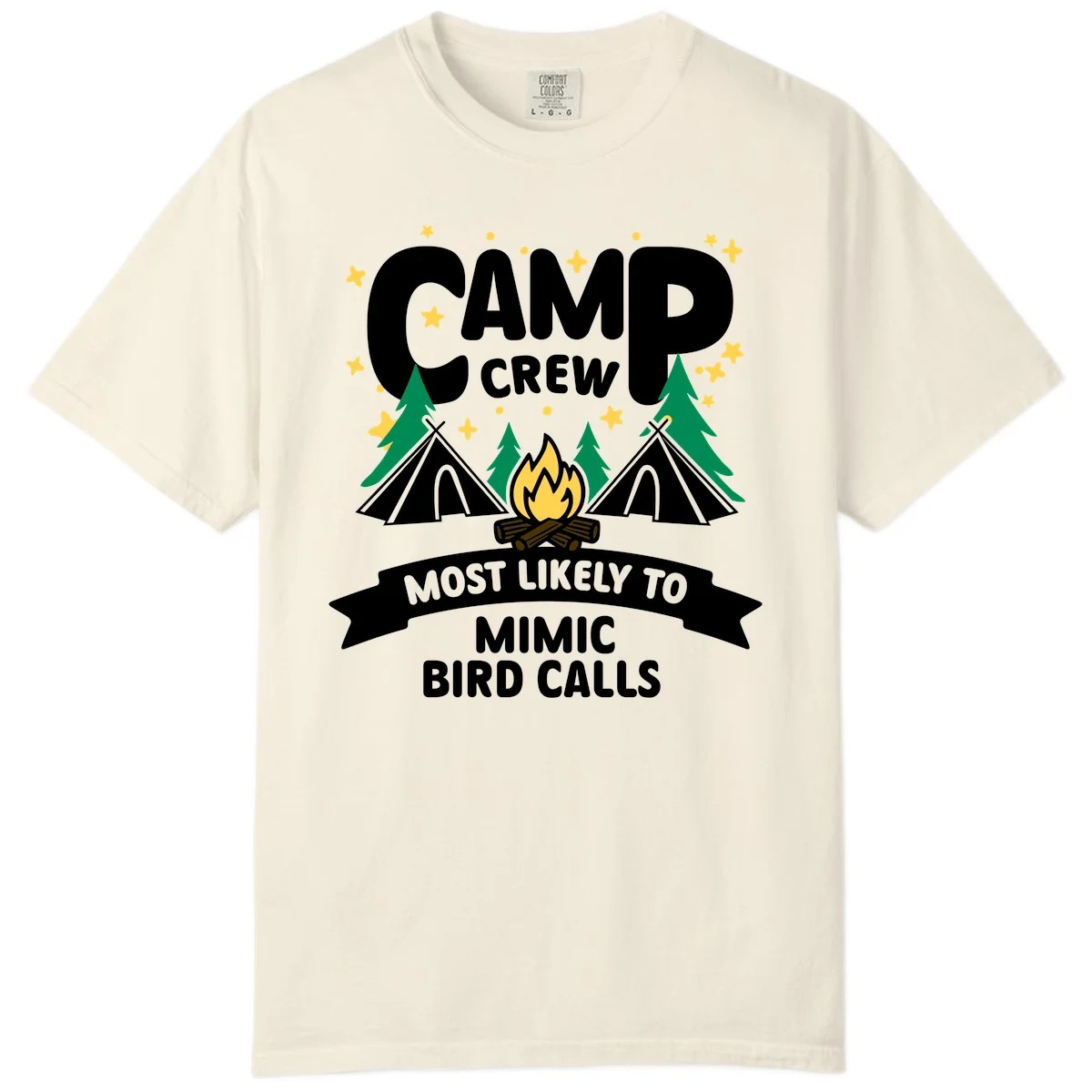 Camp crew illustration with campfire, tents, and trees, text reads 'Most Likely To Mimic Bird Calls' in Ivory
