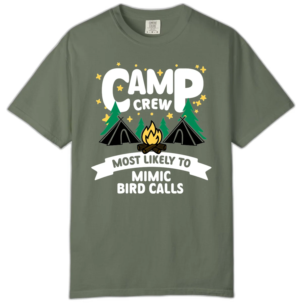 Camp crew illustration with campfire, tents, and trees, text reads 'Most Likely To Mimic Bird Calls' in Moss