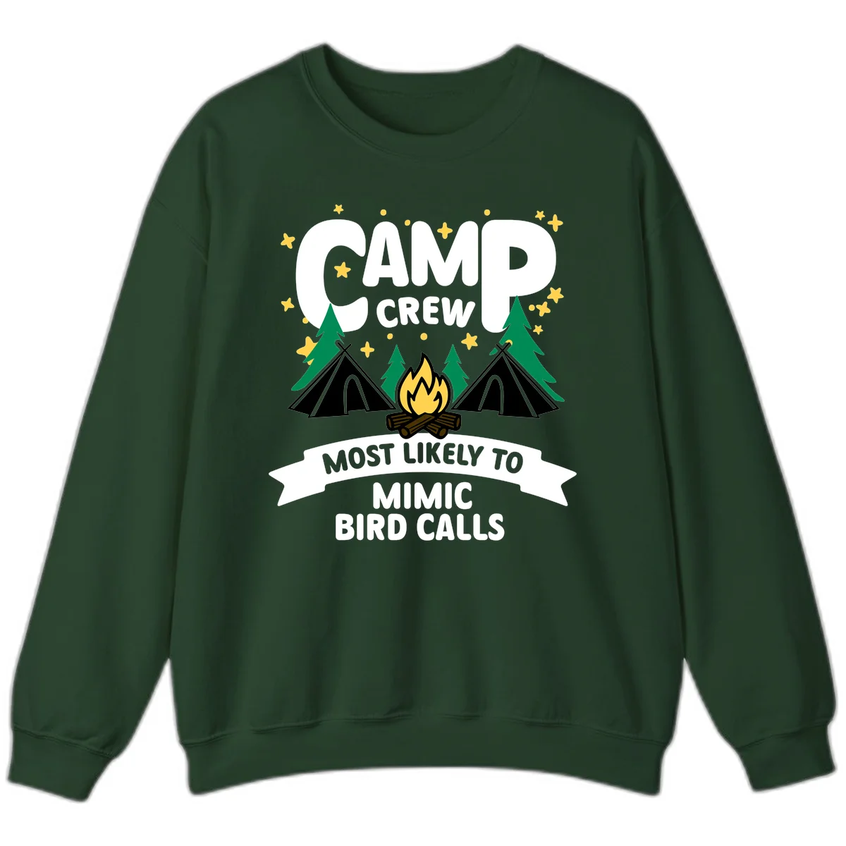 Camp crew illustration with campfire, tents, and trees, text reads 'Most Likely To Mimic Bird Calls' in Forest Green