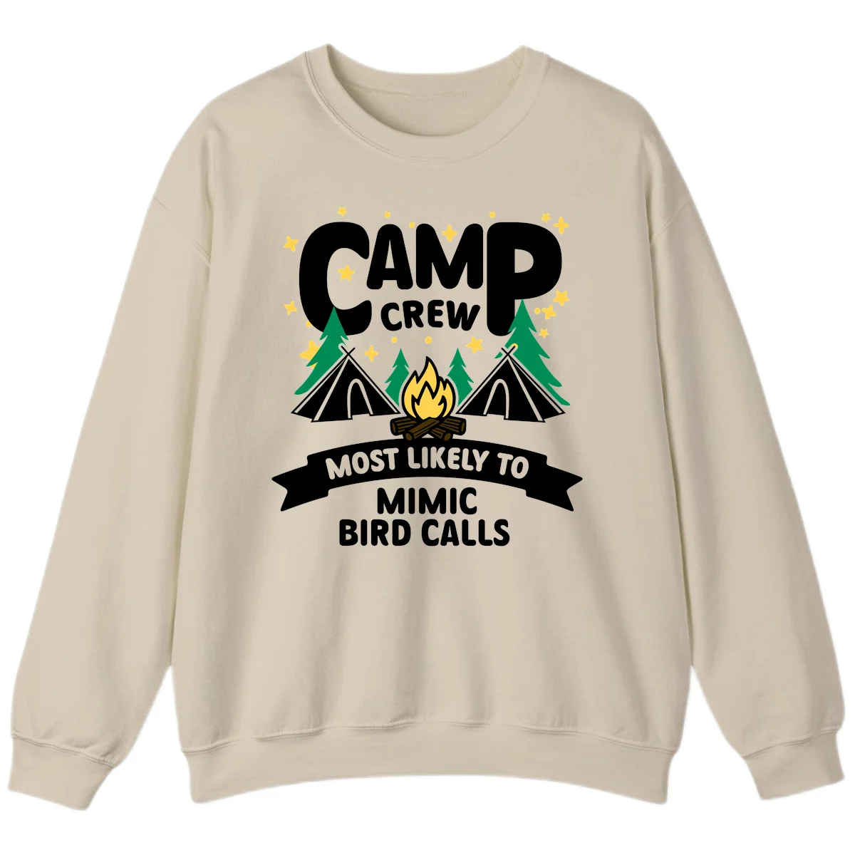 Camp crew illustration with campfire, tents, and trees, text reads 'Most Likely To Mimic Bird Calls' in Sand