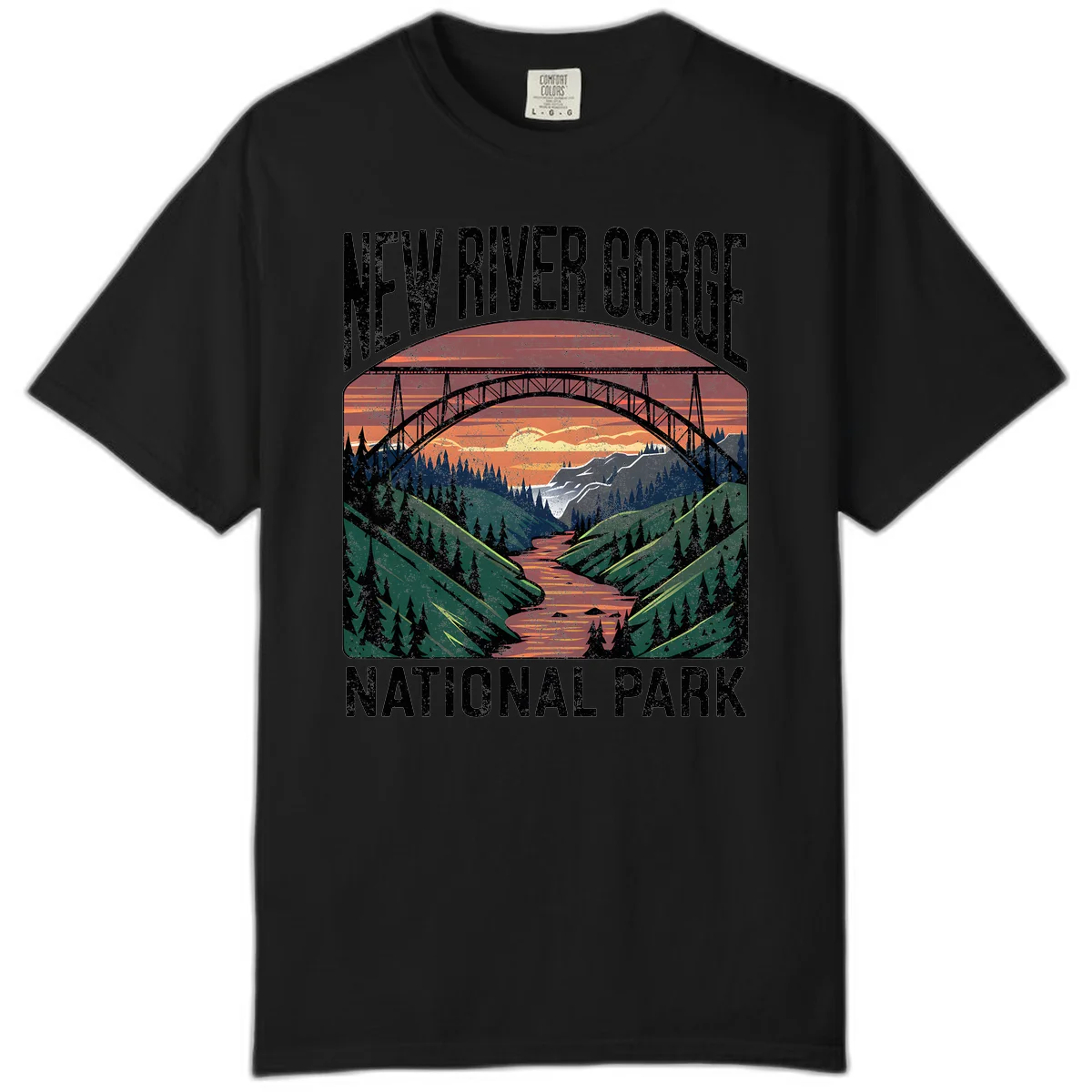 Vintage illustration of New River Gorge bridge spanning a forested river valley at sunset with orange and gold sky in Black