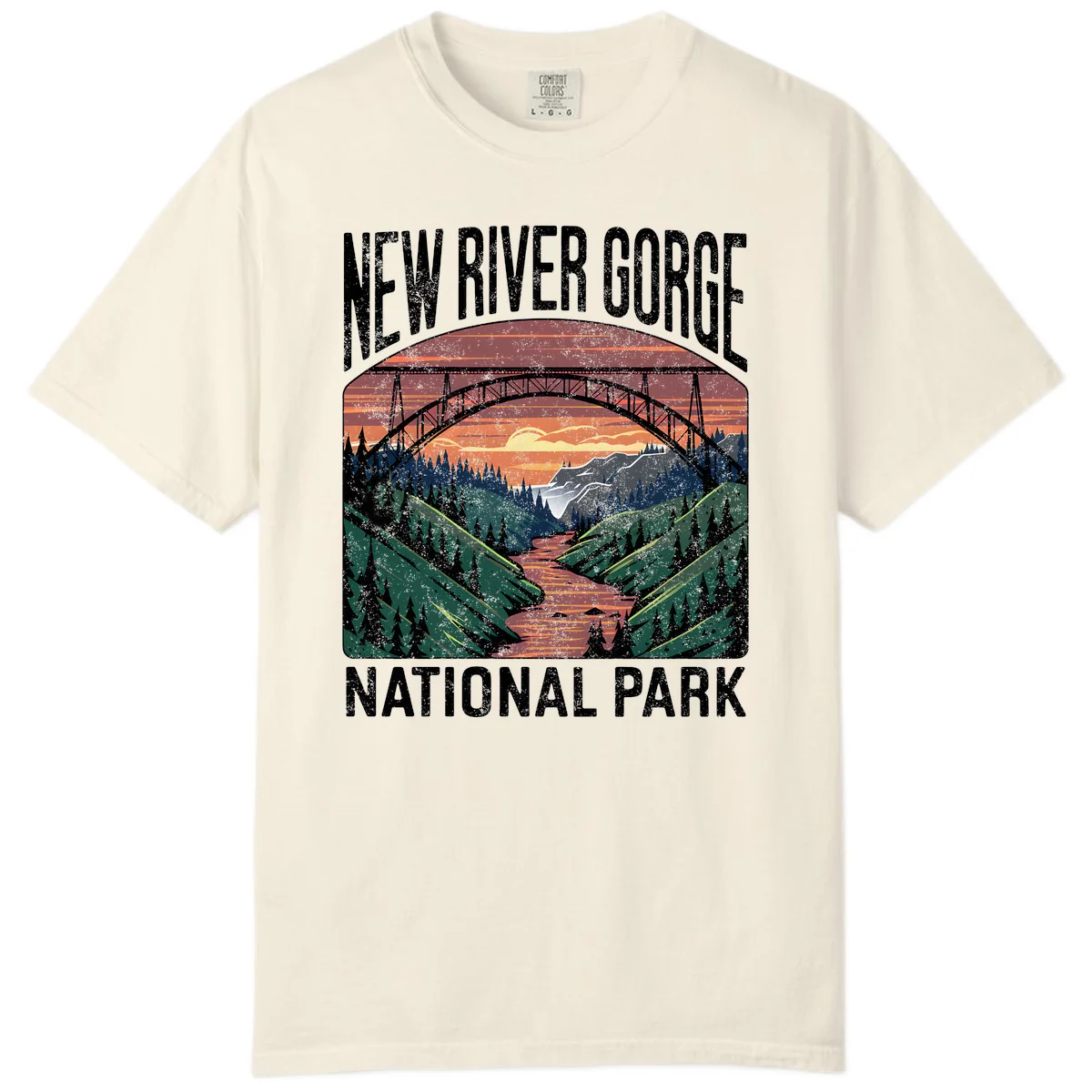 Vintage illustration of New River Gorge bridge spanning a forested river valley at sunset with orange and gold sky in Ivory