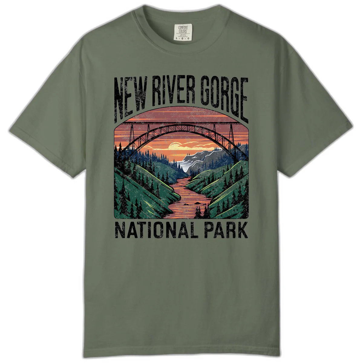 Vintage illustration of New River Gorge bridge spanning a forested river valley at sunset with orange and gold sky in Moss