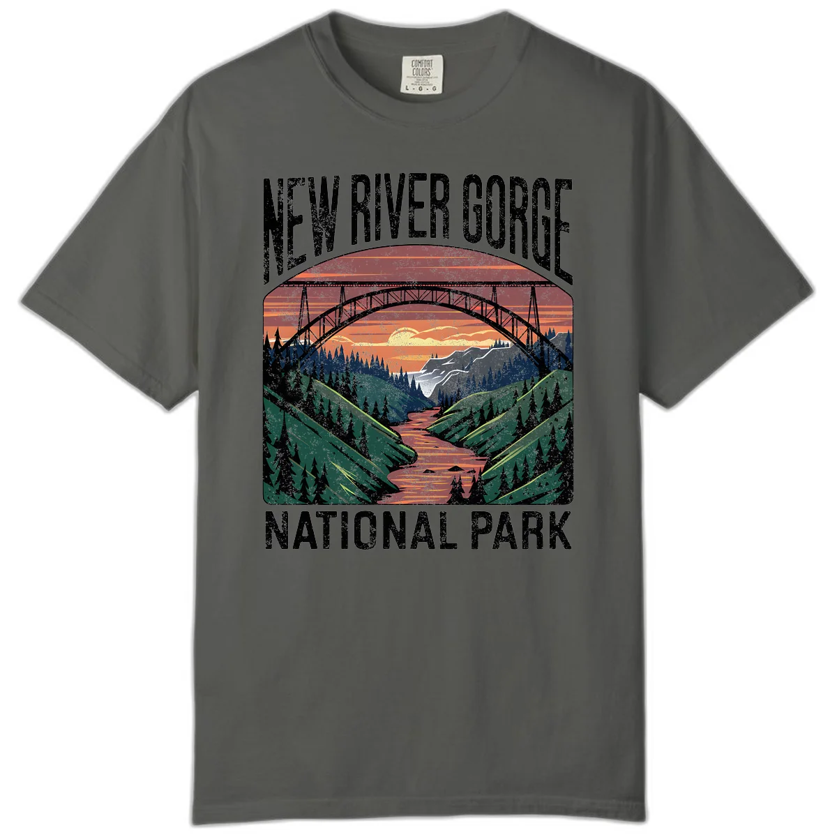 Vintage illustration of New River Gorge bridge spanning a forested river valley at sunset with orange and gold sky in Pepper