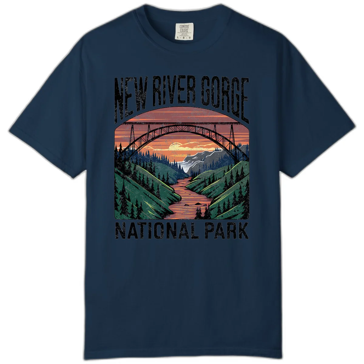 Vintage illustration of New River Gorge bridge spanning a forested river valley at sunset with orange and gold sky in True Navy