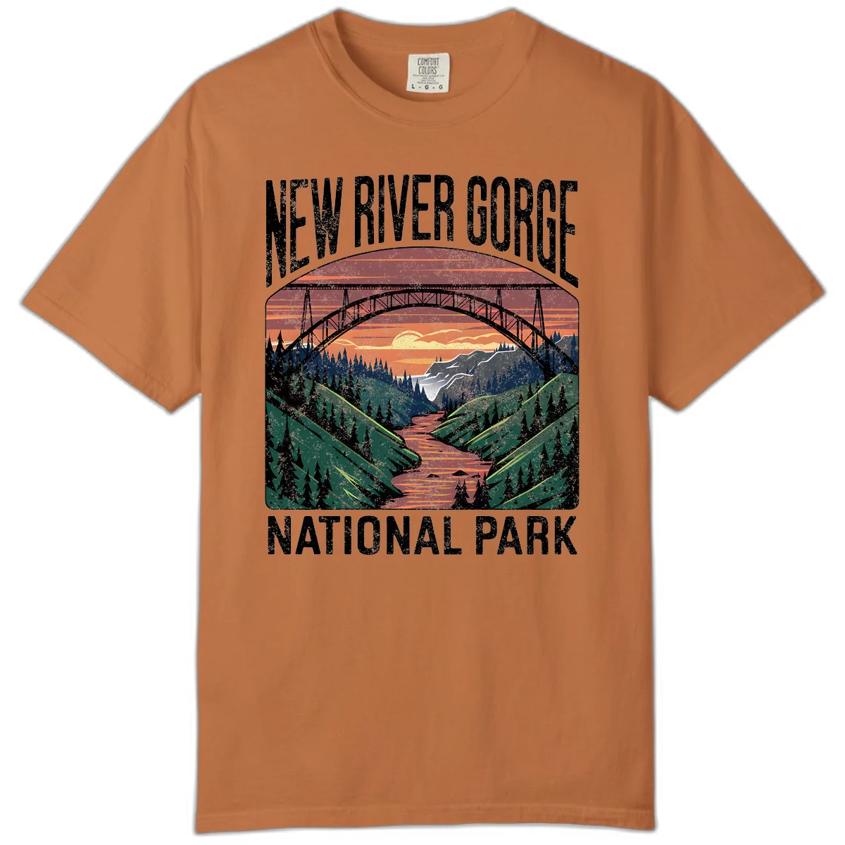 Vintage illustration of New River Gorge bridge spanning a forested river valley at sunset with orange and gold sky in Yam