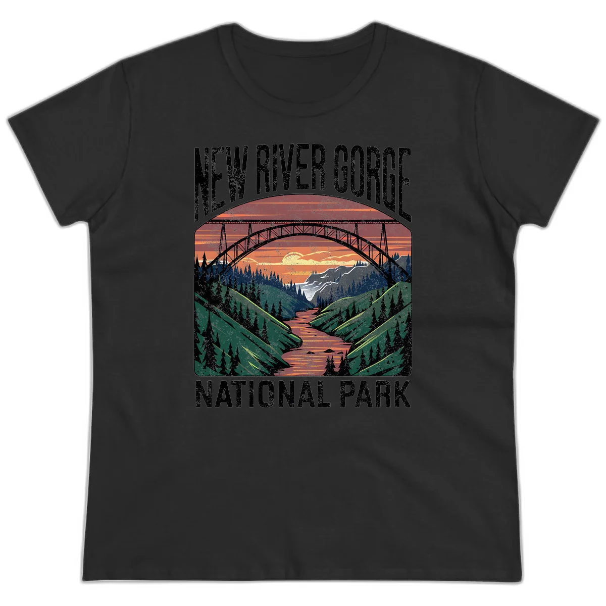 Vintage illustration of New River Gorge bridge spanning a forested river valley at sunset with orange and gold sky in Black