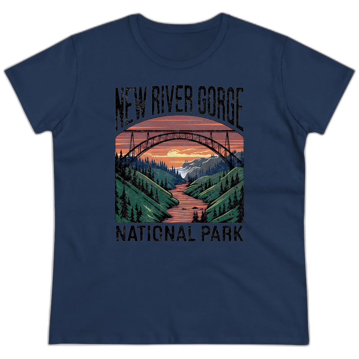Vintage illustration of New River Gorge bridge spanning a forested river valley at sunset with orange and gold sky in Navy