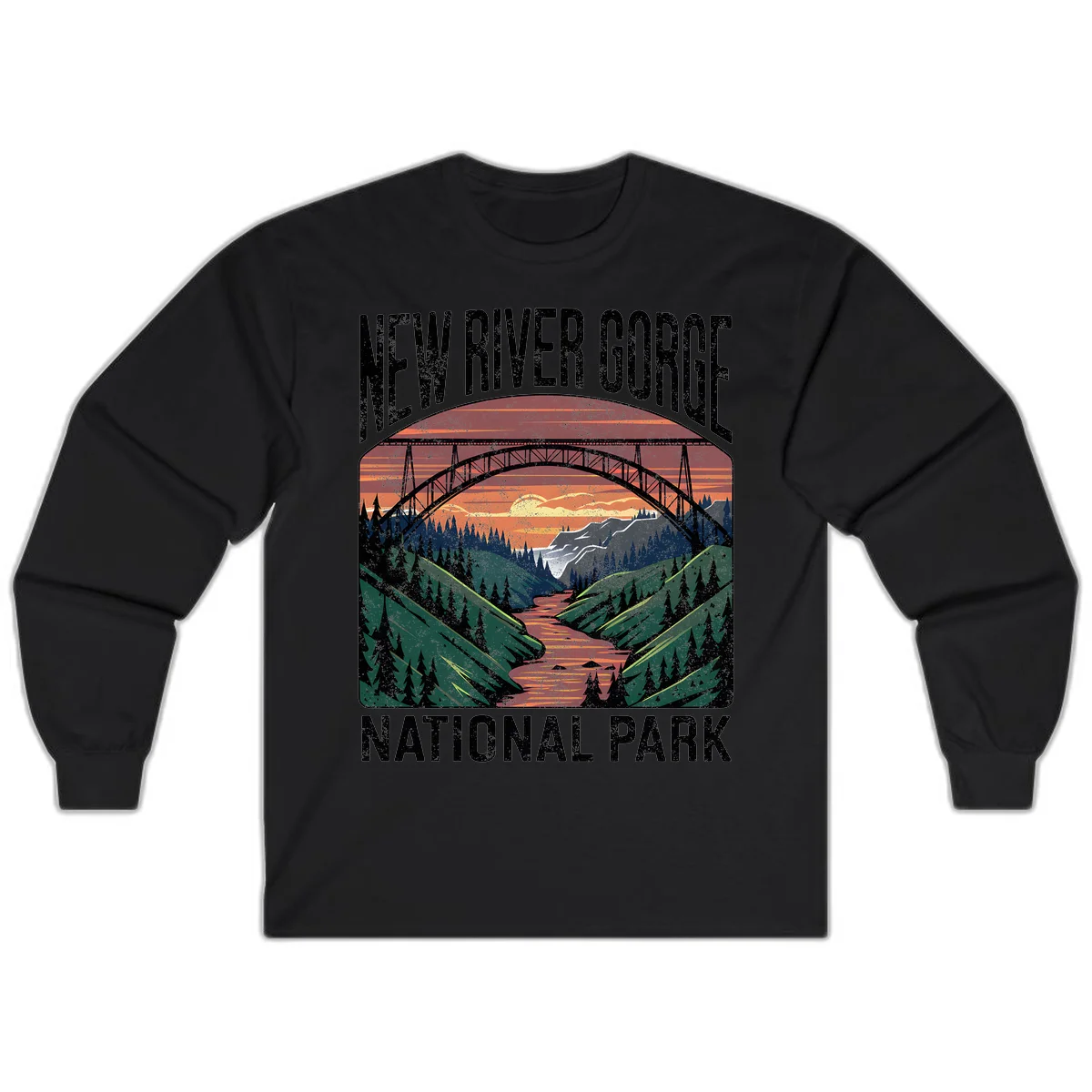 Vintage illustration of New River Gorge bridge spanning a forested river valley at sunset with orange and gold sky in Black