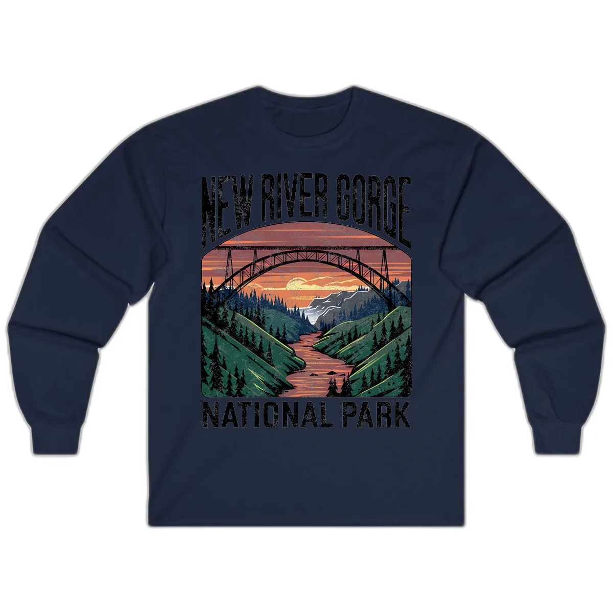 Vintage illustration of New River Gorge bridge spanning a forested river valley at sunset with orange and gold sky in Navy