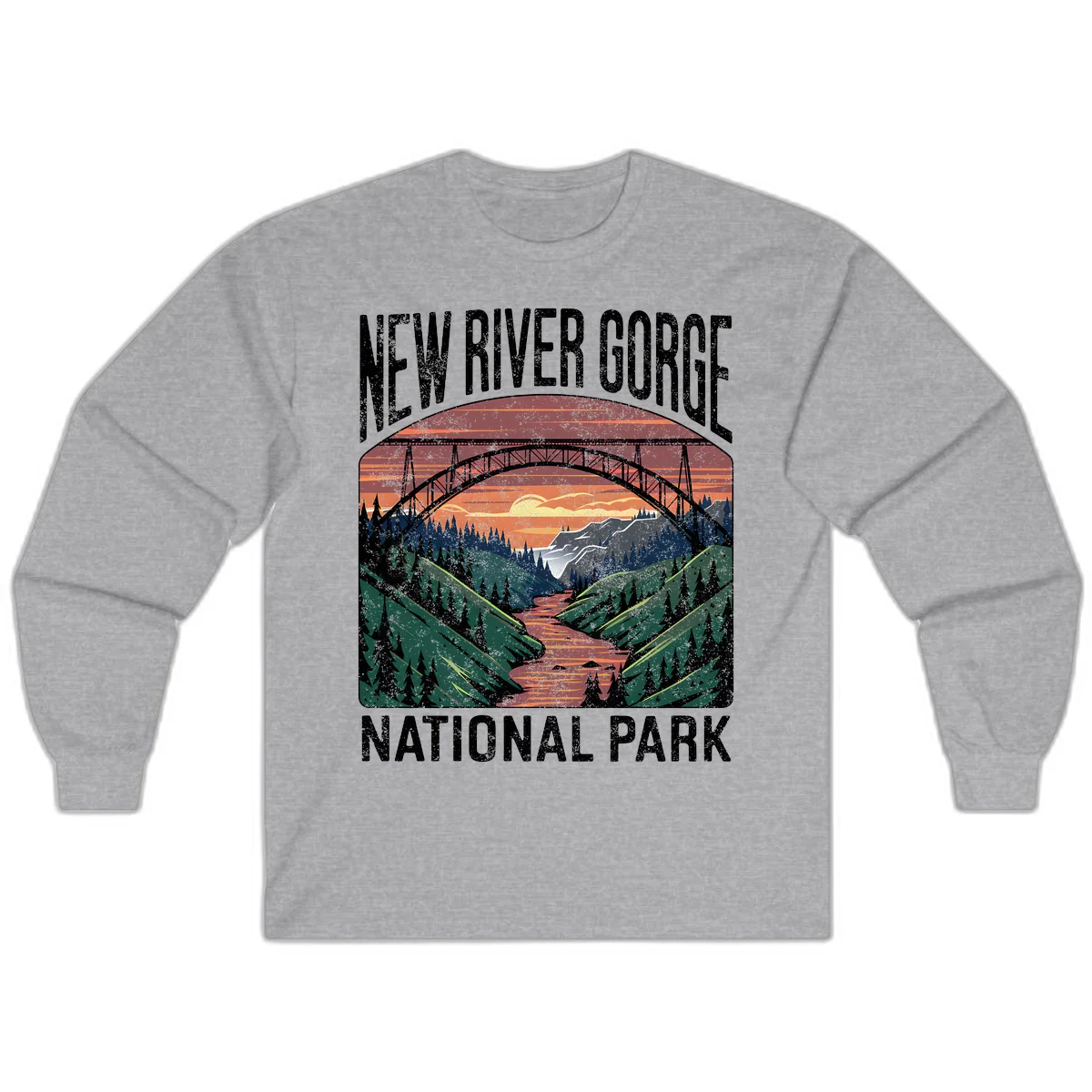 Vintage illustration of New River Gorge bridge spanning a forested river valley at sunset with orange and gold sky in Sport Grey