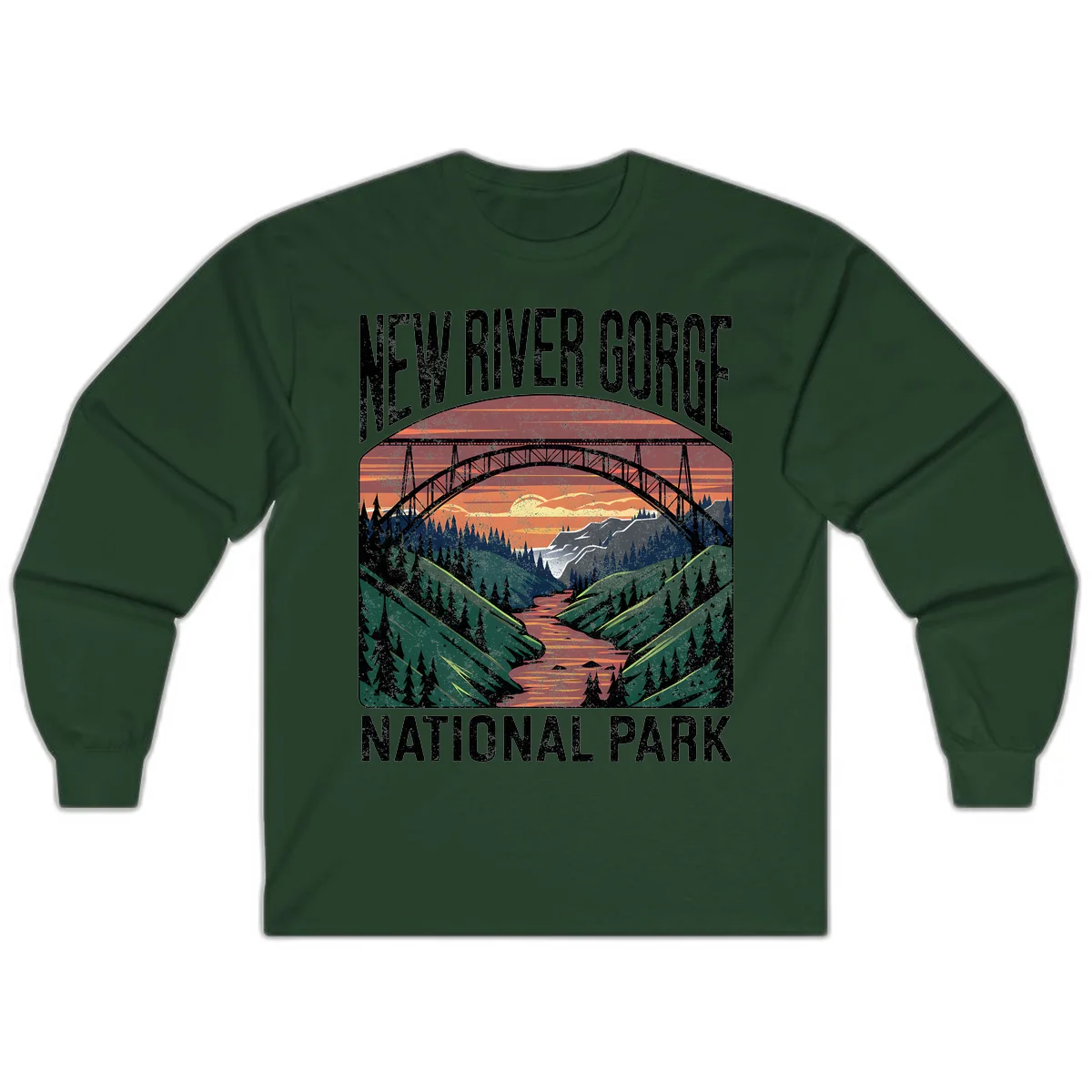 Vintage illustration of New River Gorge bridge spanning a forested river valley at sunset with orange and gold sky in Forest Green