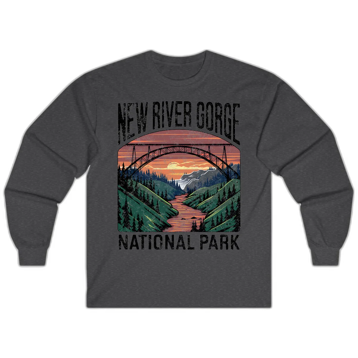 Vintage illustration of New River Gorge bridge spanning a forested river valley at sunset with orange and gold sky in Dark Heather