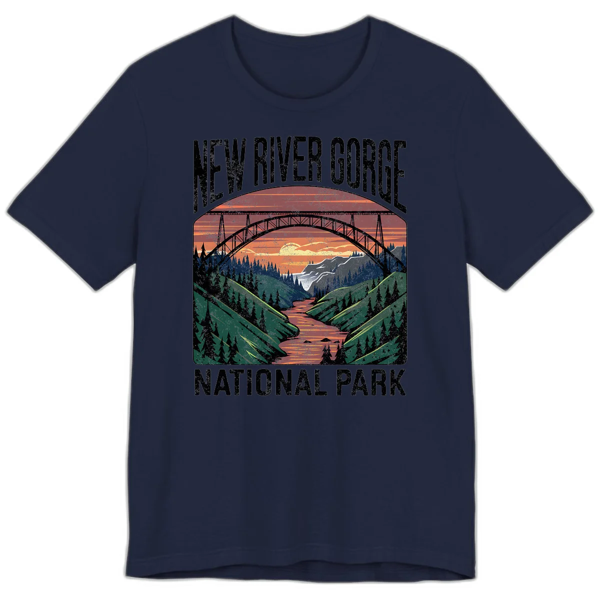 Vintage illustration of New River Gorge bridge spanning a forested river valley at sunset with orange and gold sky in Navy