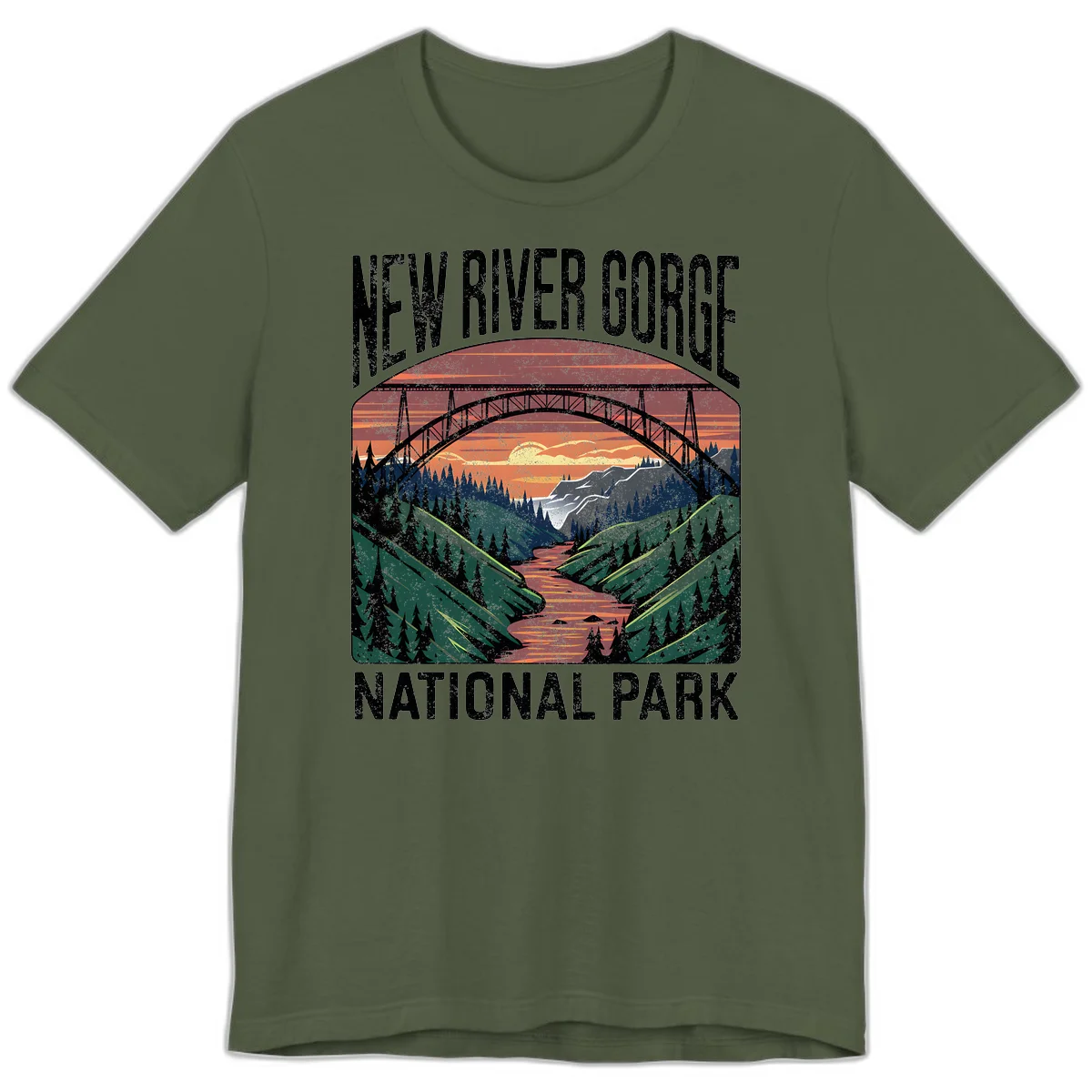 Vintage illustration of New River Gorge bridge spanning a forested river valley at sunset with orange and gold sky in Military Green