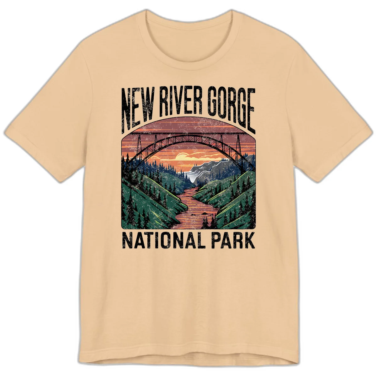 Vintage illustration of New River Gorge bridge spanning a forested river valley at sunset with orange and gold sky in Sand Dune