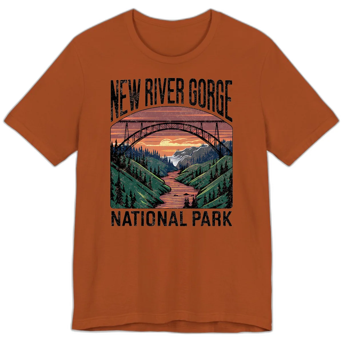 Vintage illustration of New River Gorge bridge spanning a forested river valley at sunset with orange and gold sky in Autumn