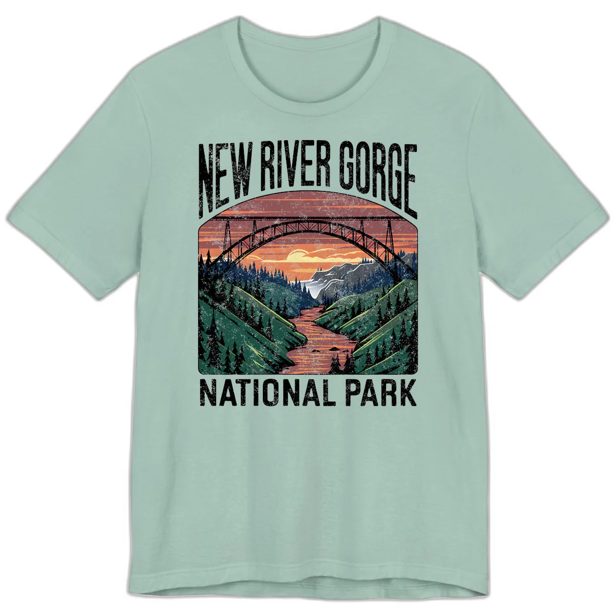 Vintage illustration of New River Gorge bridge spanning a forested river valley at sunset with orange and gold sky in Dusty Blue