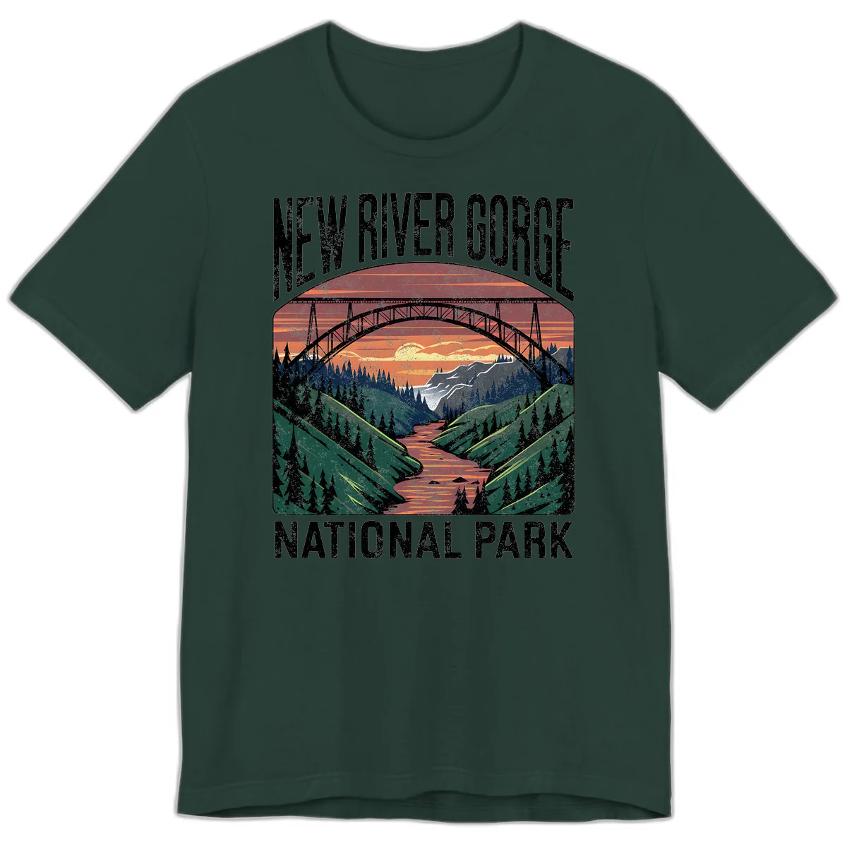 Vintage illustration of New River Gorge bridge spanning a forested river valley at sunset with orange and gold sky in Forest