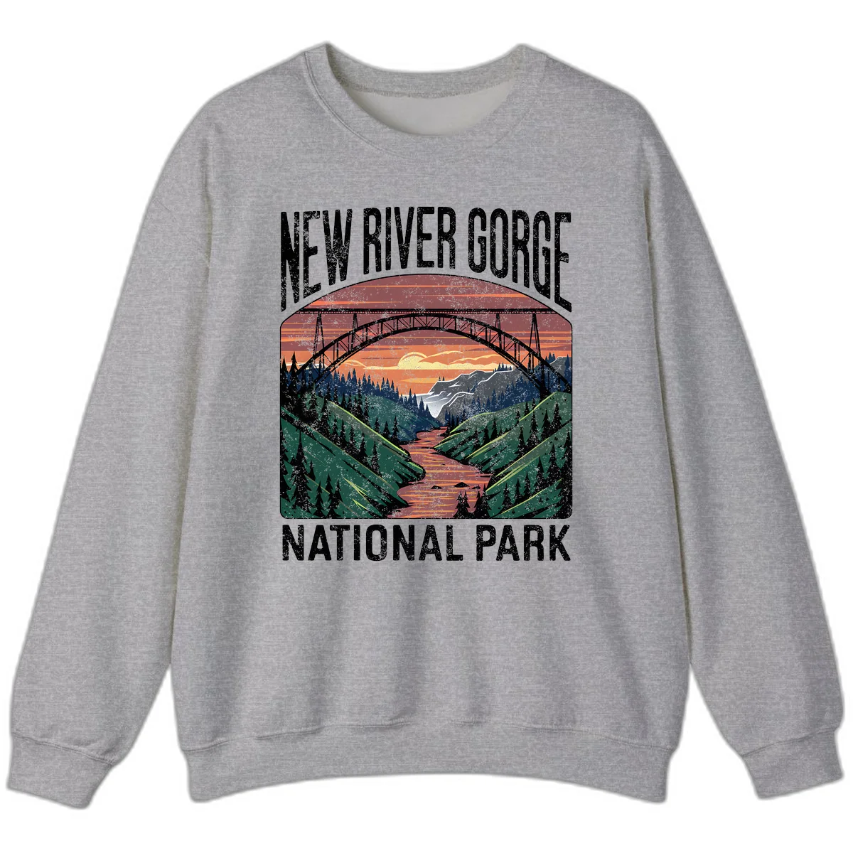 Vintage illustration of New River Gorge bridge spanning a forested river valley at sunset with orange and gold sky in Sport Grey