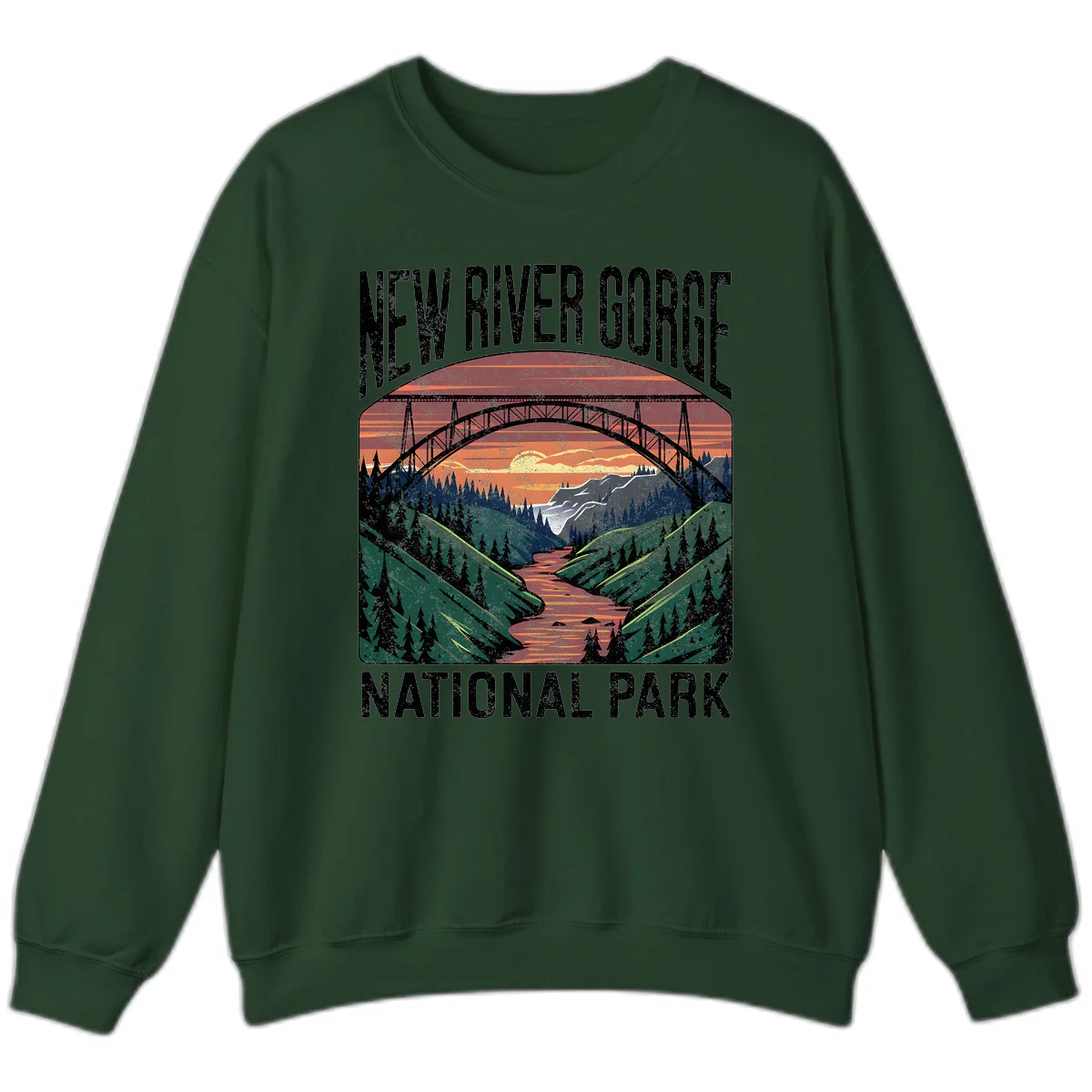 Vintage illustration of New River Gorge bridge spanning a forested river valley at sunset with orange and gold sky in Forest Green