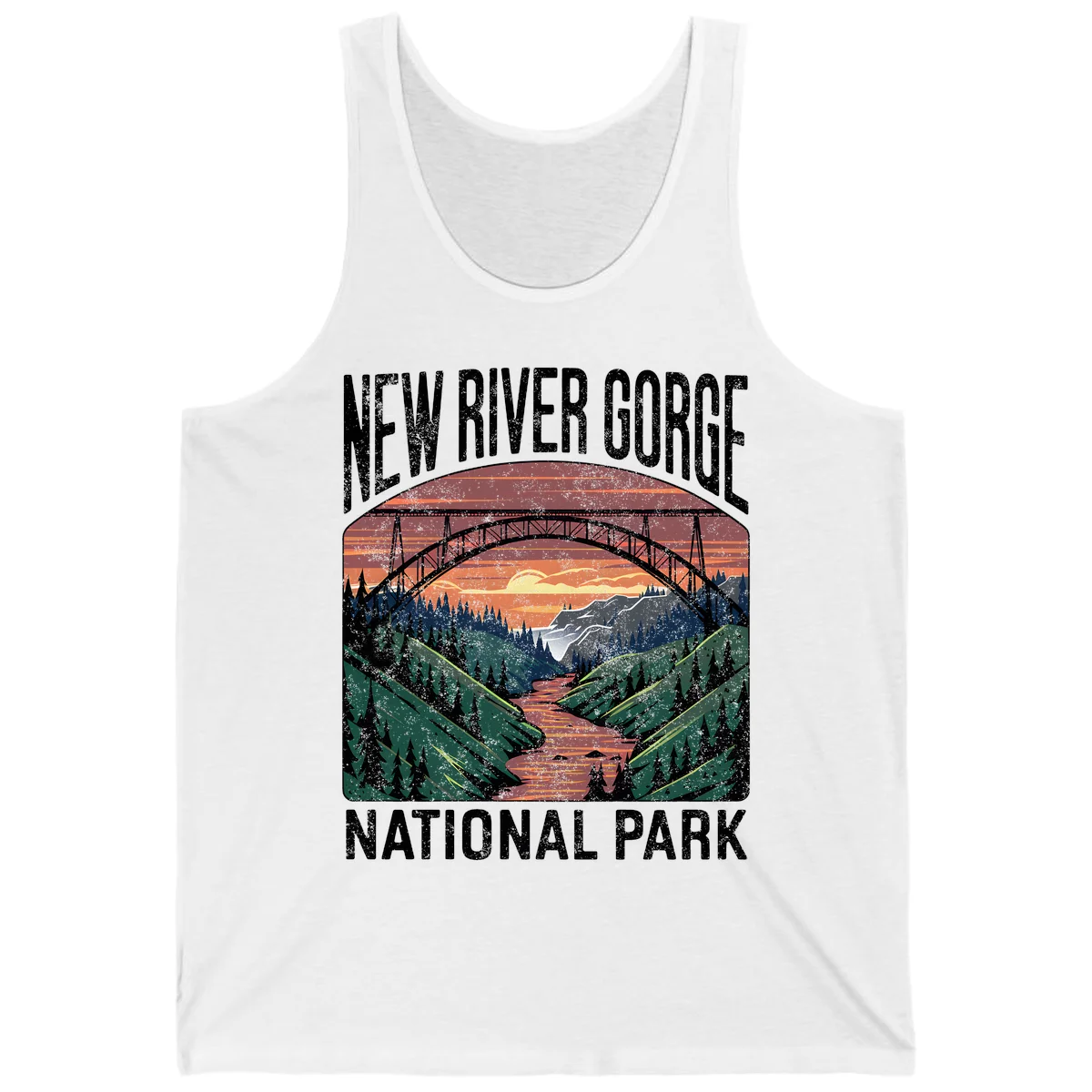 Vintage illustration of New River Gorge bridge spanning a forested river valley at sunset with orange and gold sky in White