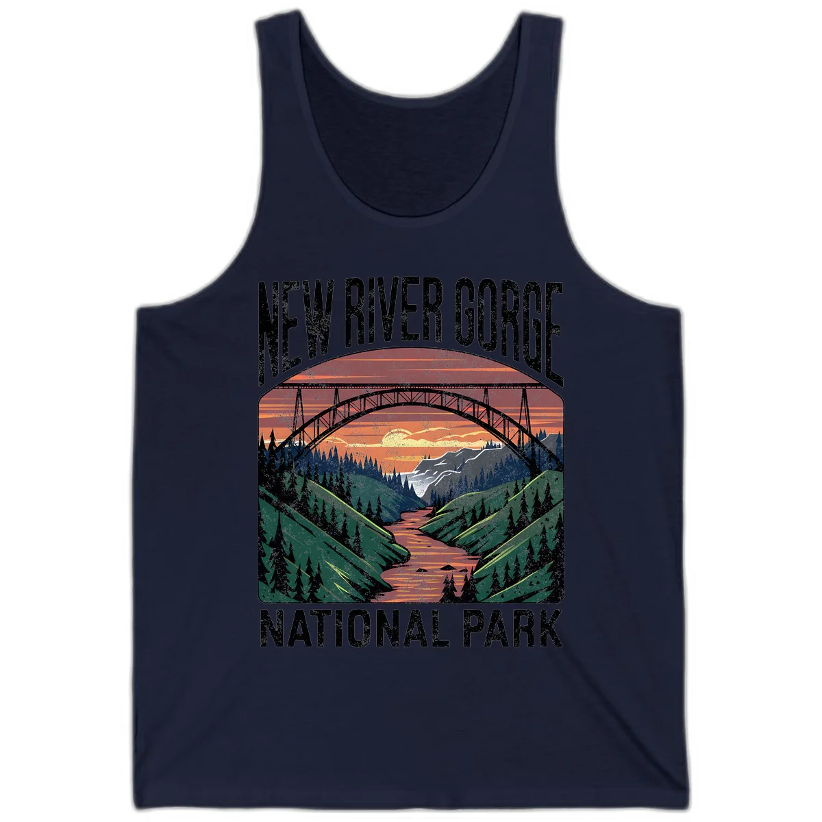 Vintage illustration of New River Gorge bridge spanning a forested river valley at sunset with orange and gold sky in Navy